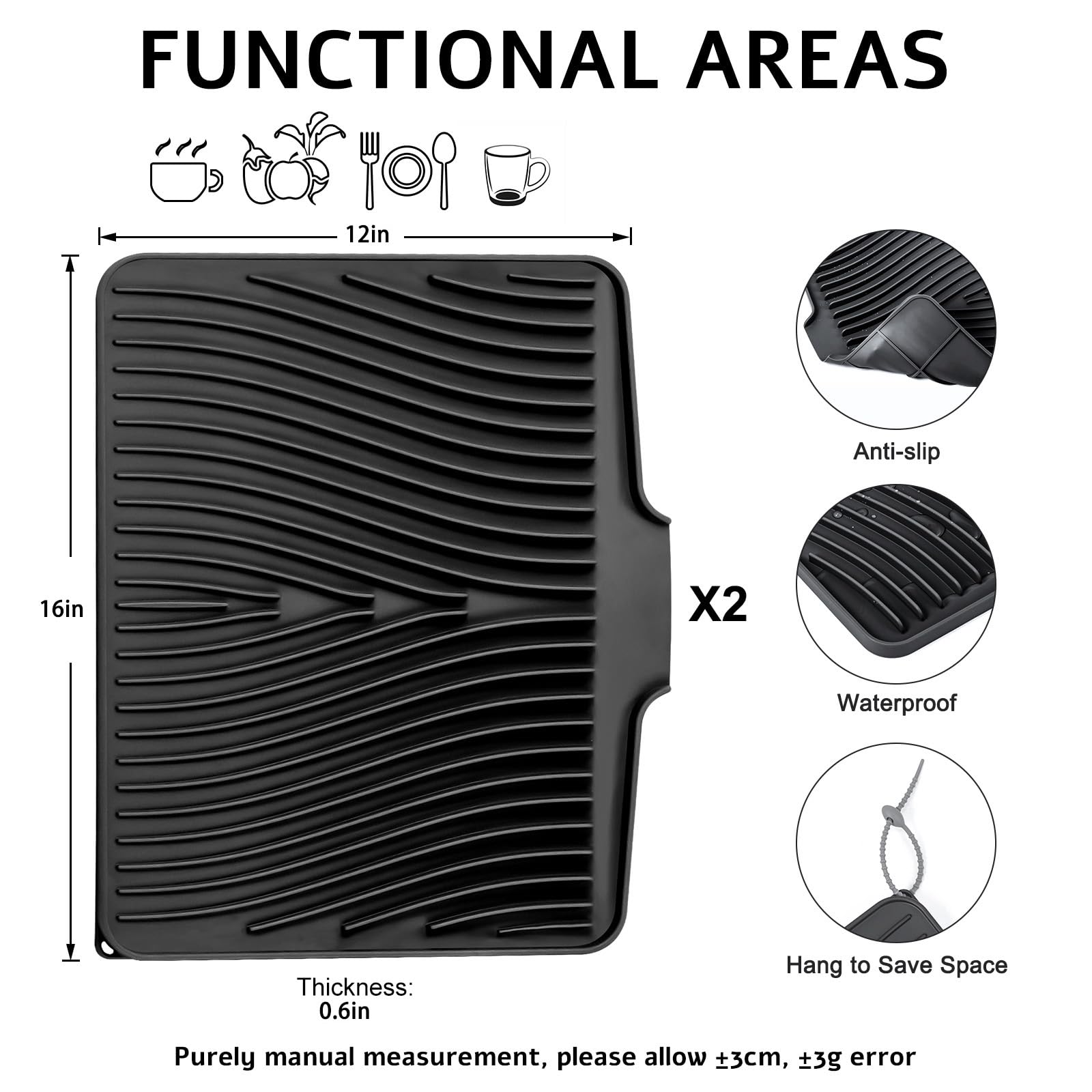 TIKNIK Silicone Dish Drying Mat, Stone Drying Mat for Kitchen Counter with Built-In Drain, Non-Slip Drain Pad with Built-in Drain, Heat Resistant Stone Drying Mat, Hangable, Black, 16" x 12"