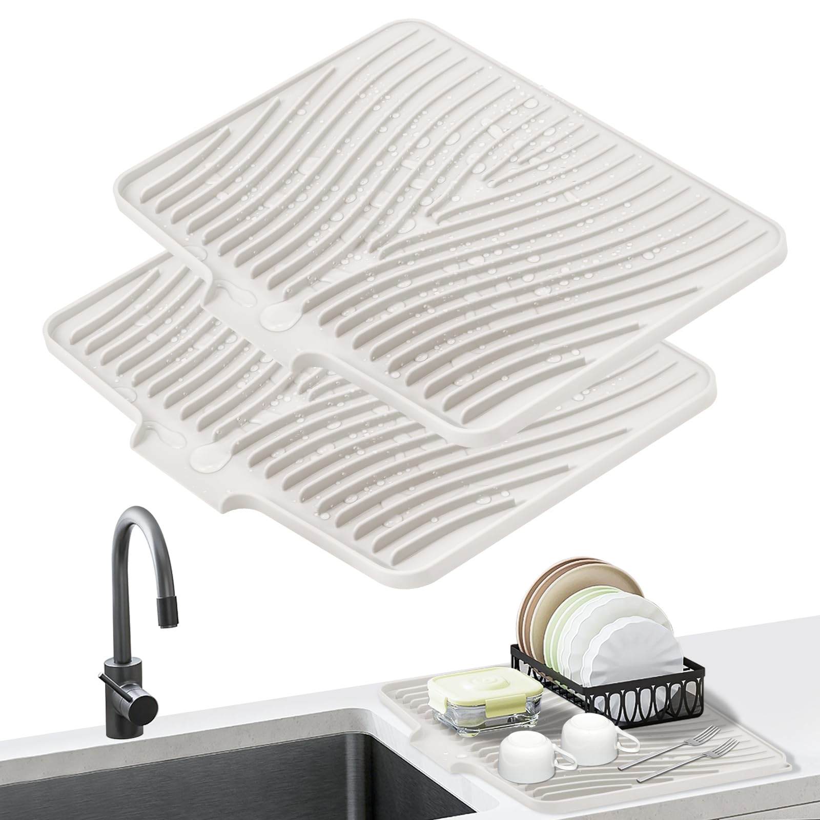 TIKNIK Silicone Dish Drying Mat, Stone Drying Mat for Kitchen Counter with Built-In Drain, Non-Slip Drain Pad with Built-in Drain, Heat Resistant Stone Drying Mat, Hangable, Cream, 16" x 12"