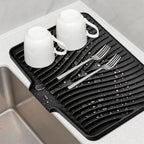 TIKNIK Silicone Dish Drying Mat, Stone Drying Mat for Kitchen Counter with Built-In Drain, Non-Slip Drain Pad with Built-in Drain, Heat Resistant Stone Drying Mat, Hangable, Black, 16" x 12"