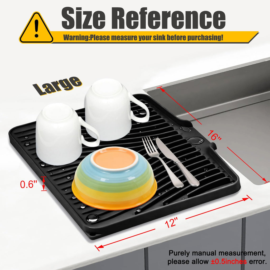 TIKNIK Silicone Dish Drying Mat, Stone Drying Mat for Kitchen Counter with Built-In Drain, Non-Slip Drain Pad with Built-in Drain, Heat Resistant Stone Drying Mat, Hangable, Black, 16" x 12"