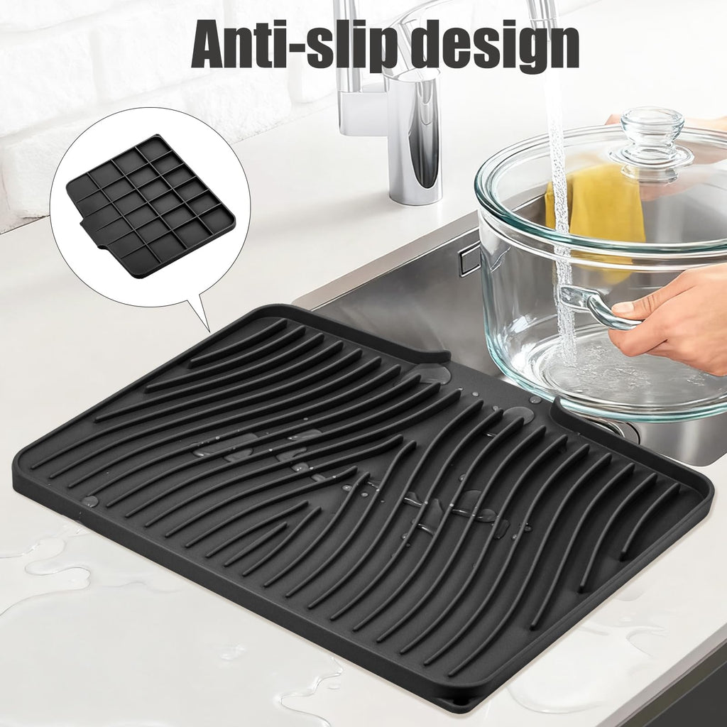 TIKNIK Silicone Dish Drying Mat, Stone Drying Mat for Kitchen Counter with Built-In Drain, Non-Slip Drain Pad with Built-in Drain, Heat Resistant Stone Drying Mat, Hangable, Black, 16" x 12"