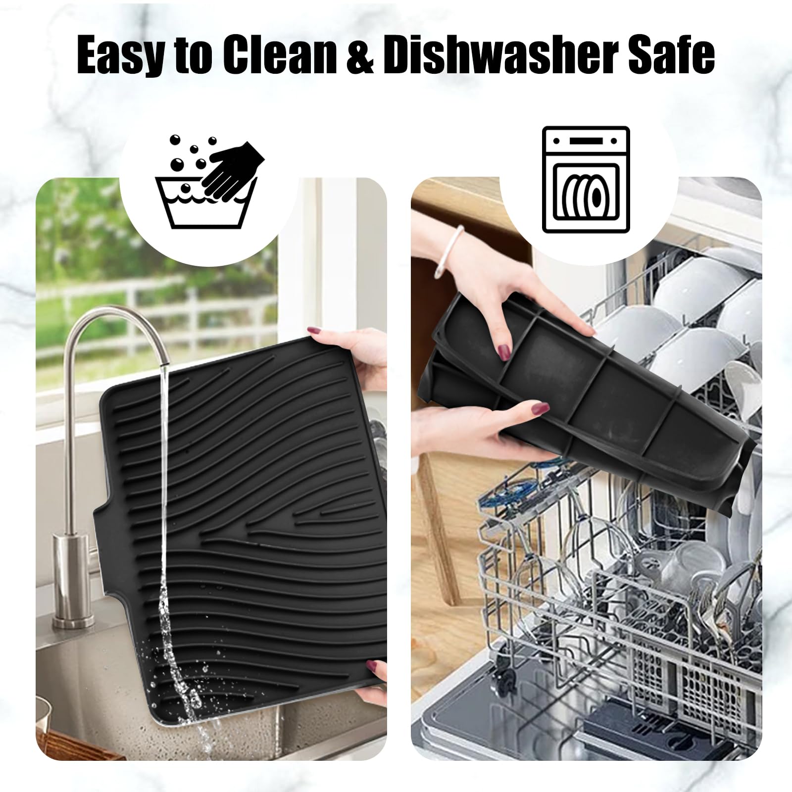 TIKNIK Silicone Dish Drying Mat, Stone Drying Mat for Kitchen Counter with Built-In Drain, Non-Slip Drain Pad with Built-in Drain, Heat Resistant Stone Drying Mat, Hangable, Black, 16" x 12"