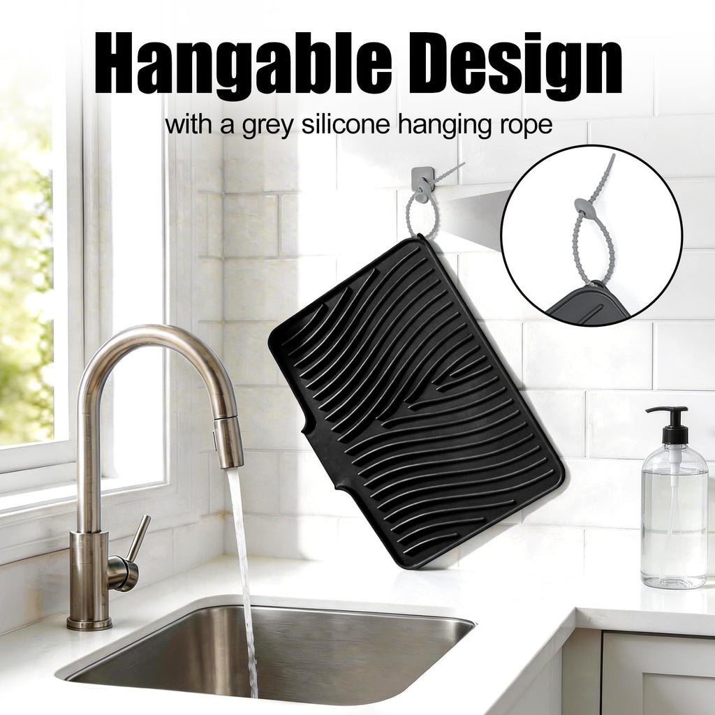 TIKNIK Silicone Dish Drying Mat, Stone Drying Mat for Kitchen Counter with Built-In Drain, Non-Slip Drain Pad with Built-in Drain, Heat Resistant Stone Drying Mat, Hangable, Black, 16" x 12"