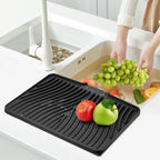 TIKNIK Silicone Dish Drying Mat, Stone Drying Mat for Kitchen Counter with Built-In Drain, Non-Slip Drain Pad with Built-in Drain, Heat Resistant Stone Drying Mat, Hangable, Black, 16" x 12"