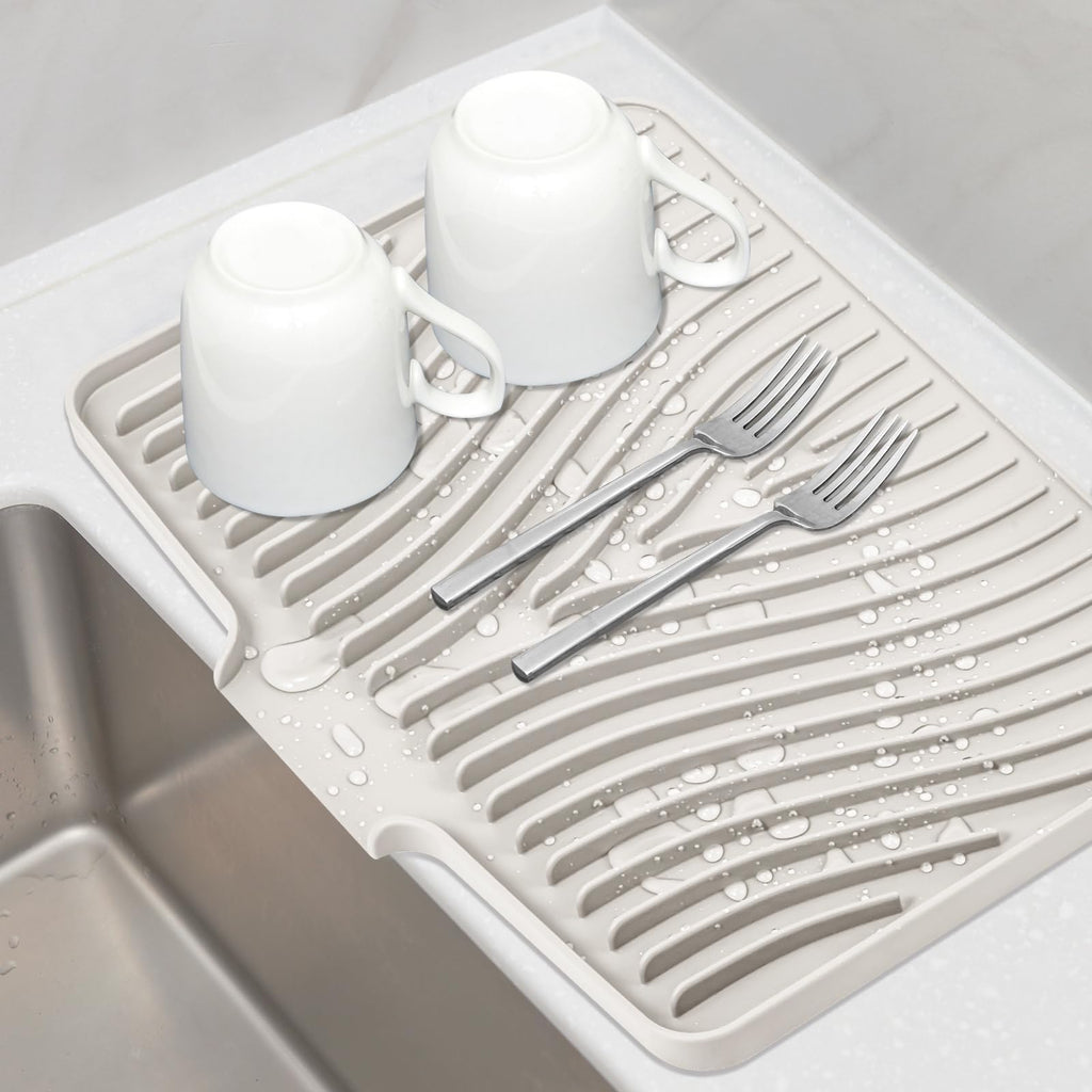TIKNIK Silicone Dish Drying Mat, Stone Drying Mat for Kitchen Counter with Built-In Drain, Non-Slip Drain Pad with Built-in Drain, Heat Resistant Stone Drying Mat, Hangable, Cream, 16" x 12"