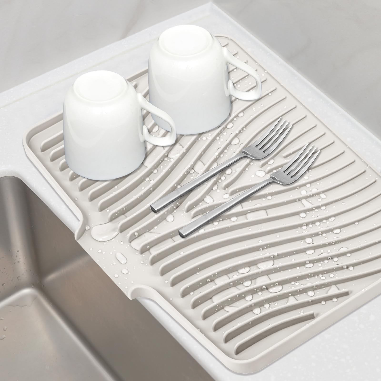TIKNIK Silicone Dish Drying Mat, Stone Drying Mat for Kitchen Counter with Built-In Drain, Non-Slip Drain Pad with Built-in Drain, Heat Resistant Stone Drying Mat, Hangable, Cream, 16" x 12"