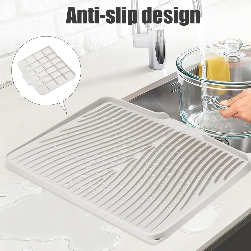 TIKNIK Silicone Dish Drying Mat, Stone Drying Mat for Kitchen Counter with Built-In Drain, Non-Slip Drain Pad with Built-in Drain, Heat Resistant Stone Drying Mat, Hangable, Cream, 16" x 12"