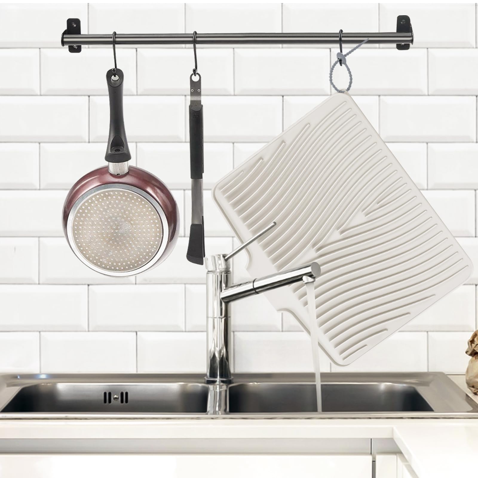 TIKNIK Silicone Dish Drying Mat, Stone Drying Mat for Kitchen Counter with Built-In Drain, Non-Slip Drain Pad with Built-in Drain, Heat Resistant Stone Drying Mat, Hangable, Cream, 16" x 12"