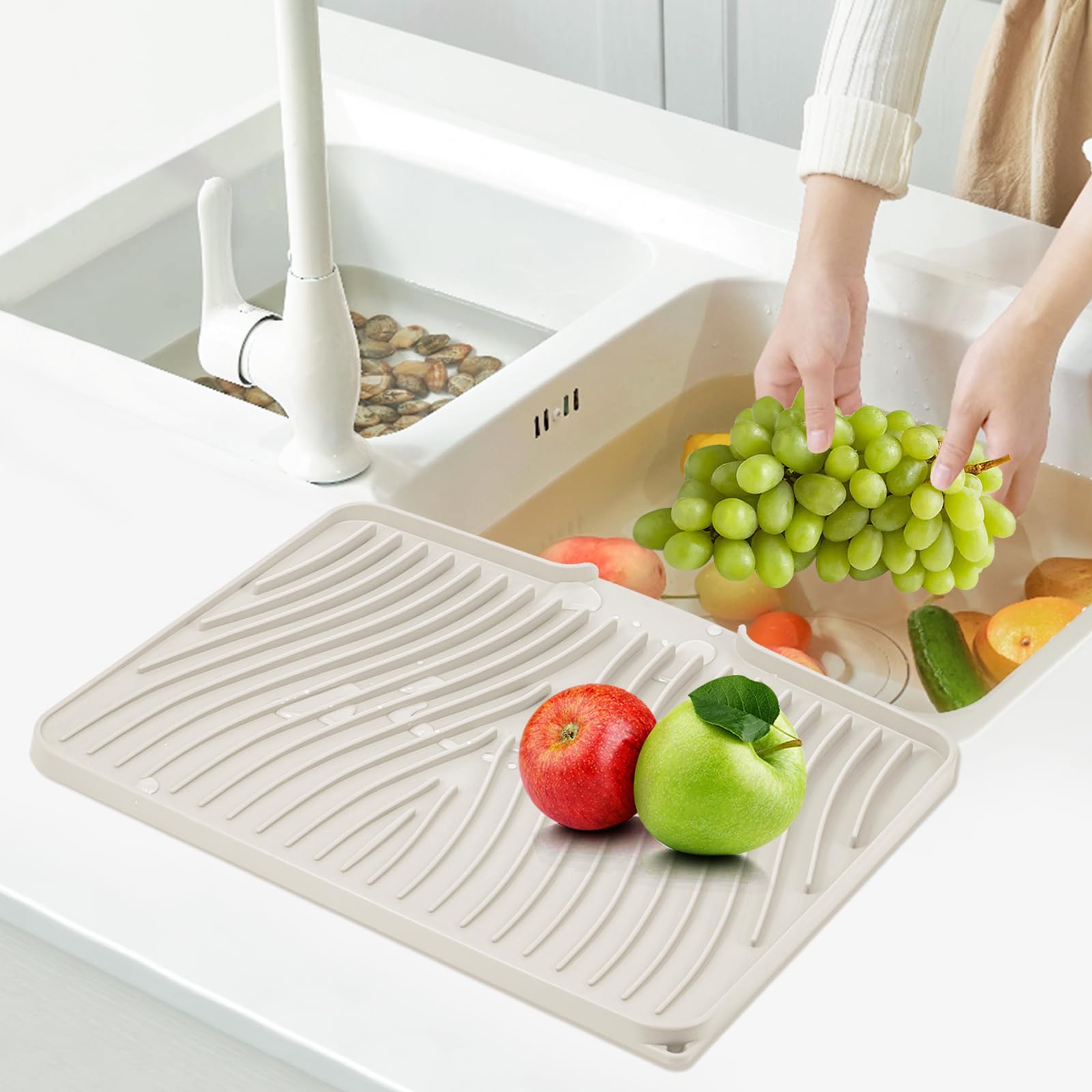 TIKNIK Silicone Dish Drying Mat, Stone Drying Mat for Kitchen Counter with Built-In Drain, Non-Slip Drain Pad with Built-in Drain, Heat Resistant Stone Drying Mat, Hangable, Cream, 16" x 12"