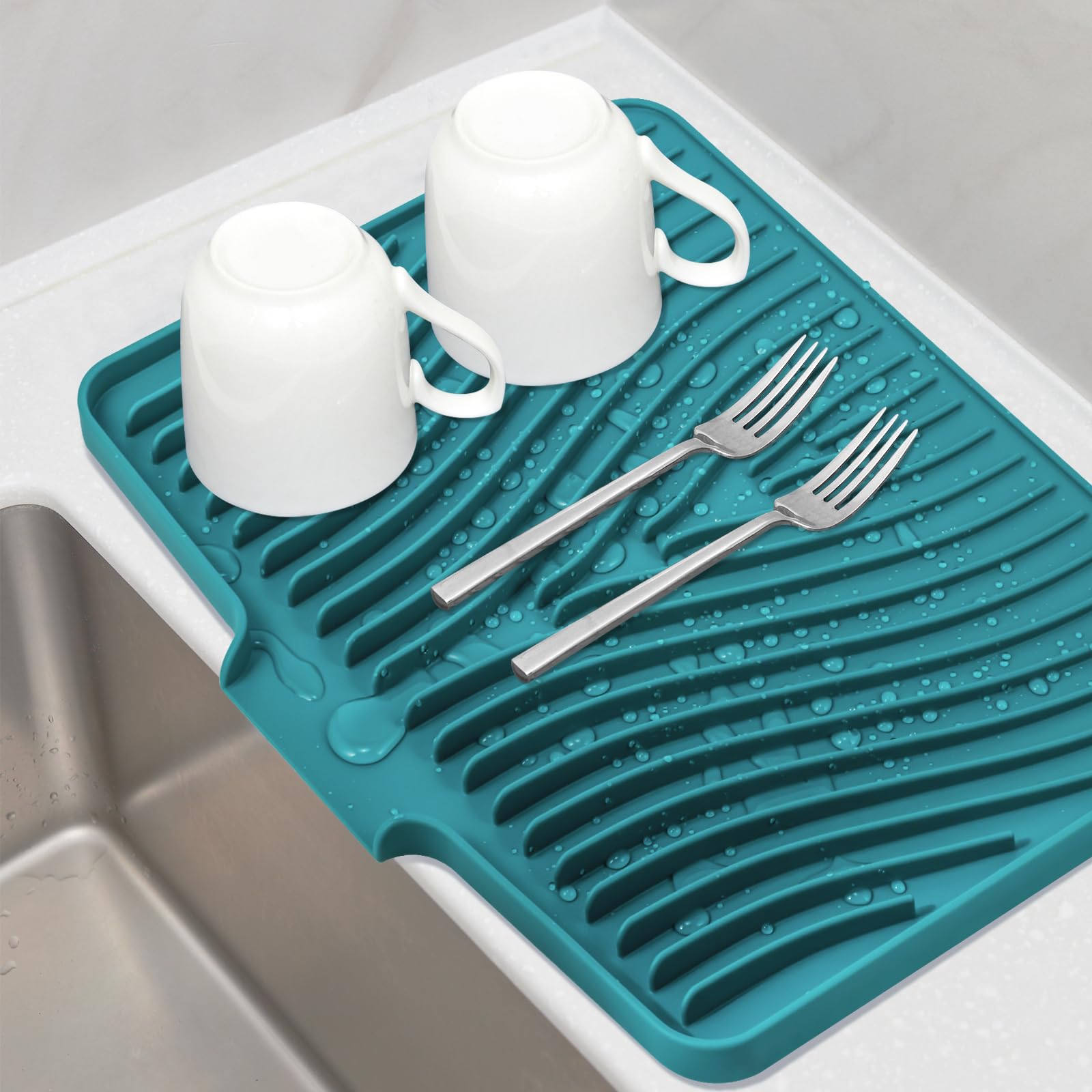 TIKNIK Silicone Dish Drying Mat, Stone Drying Mat for Kitchen Counter with Built-In Drain, Non-Slip Drain Pad with Built-in Drain, Heat Resistant Stone Drying Mat, Hangable, Green, 16" x 12"