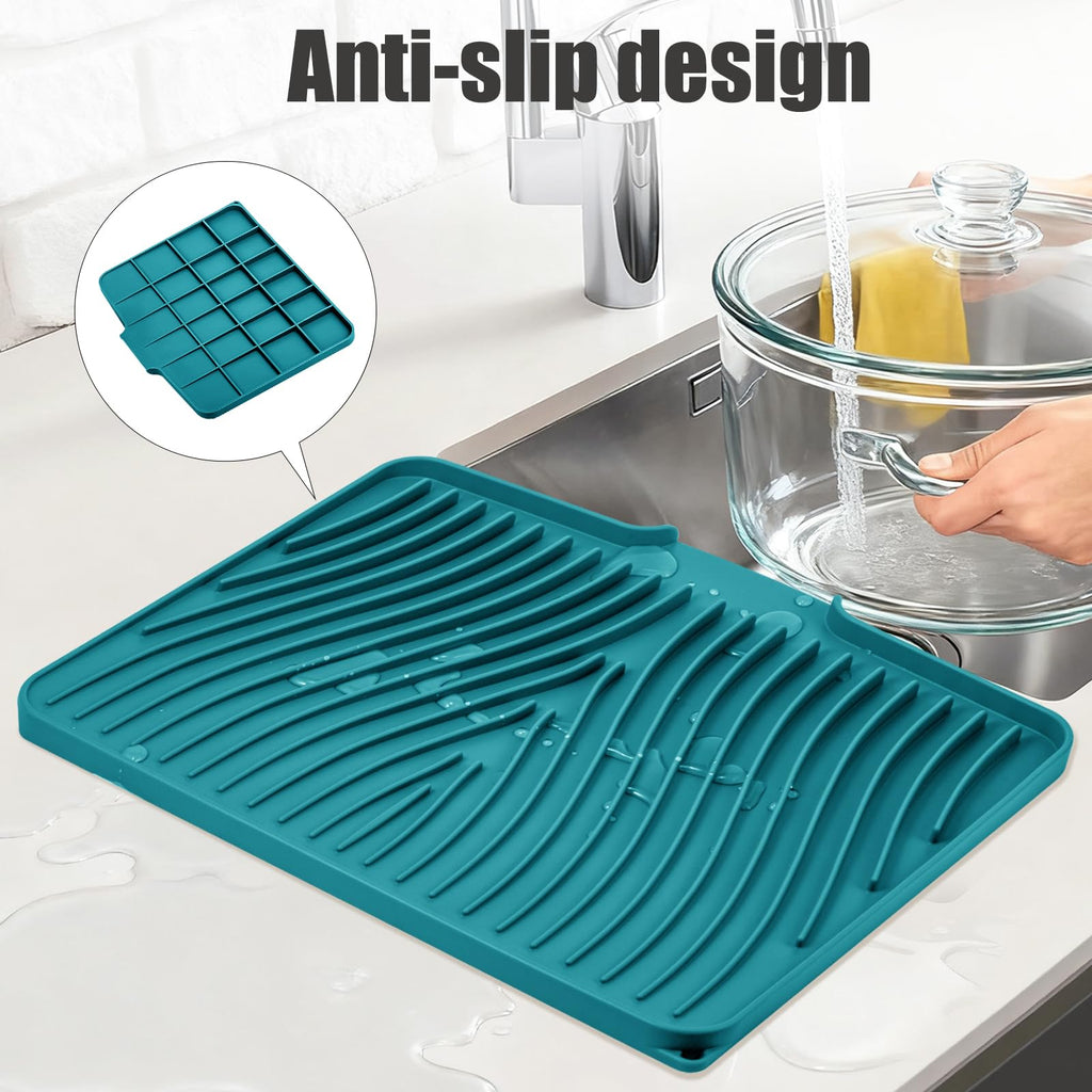 TIKNIK Silicone Dish Drying Mat, Stone Drying Mat for Kitchen Counter with Built-In Drain, Non-Slip Drain Pad with Built-in Drain, Heat Resistant Stone Drying Mat, Hangable, Green, 16" x 12"