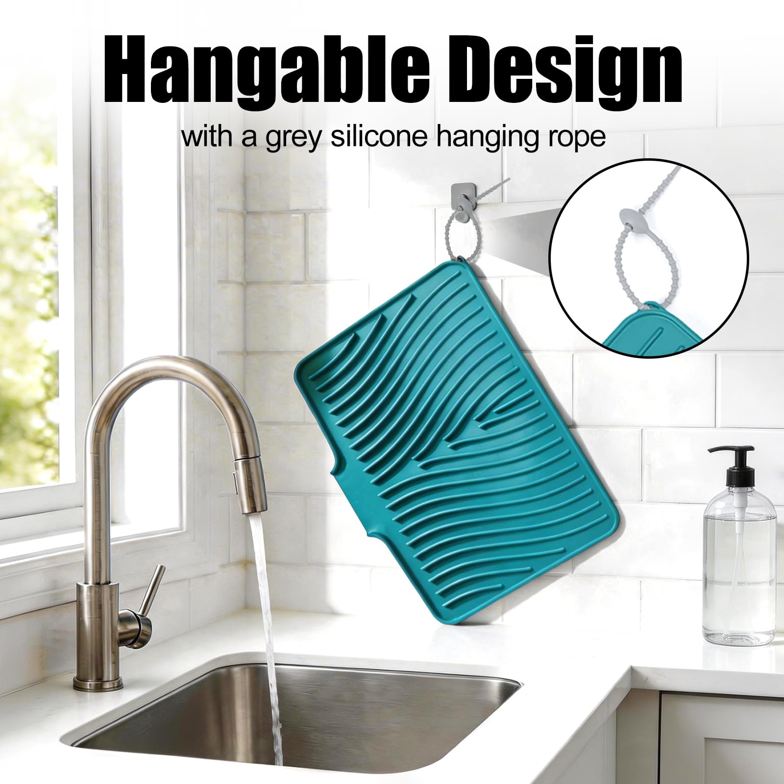 TIKNIK Silicone Dish Drying Mat, Stone Drying Mat for Kitchen Counter with Built-In Drain, Non-Slip Drain Pad with Built-in Drain, Heat Resistant Stone Drying Mat, Hangable, Green, 16" x 12"