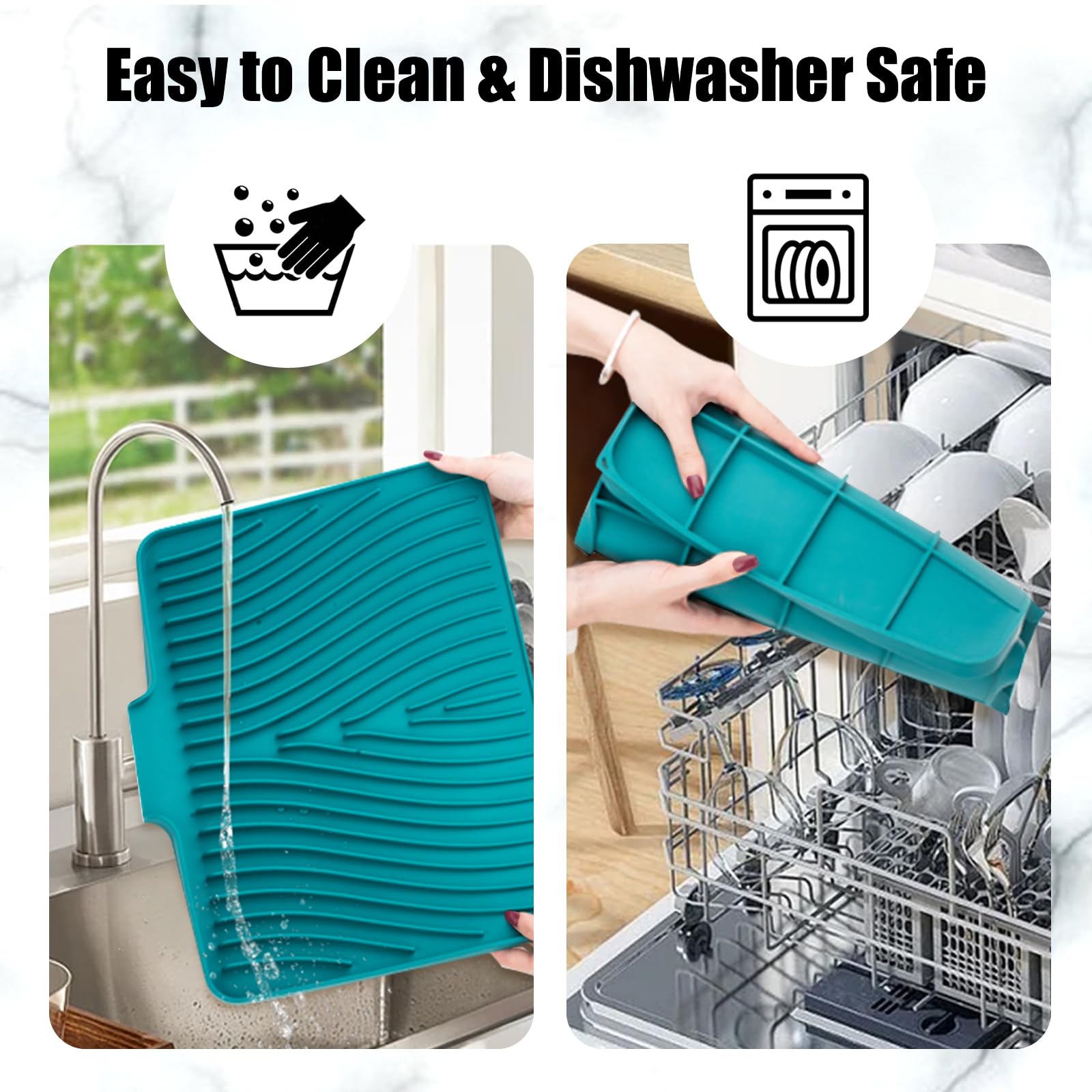 TIKNIK Silicone Dish Drying Mat, Stone Drying Mat for Kitchen Counter with Built-In Drain, Non-Slip Drain Pad with Built-in Drain, Heat Resistant Stone Drying Mat, Hangable, Green, 16" x 12"