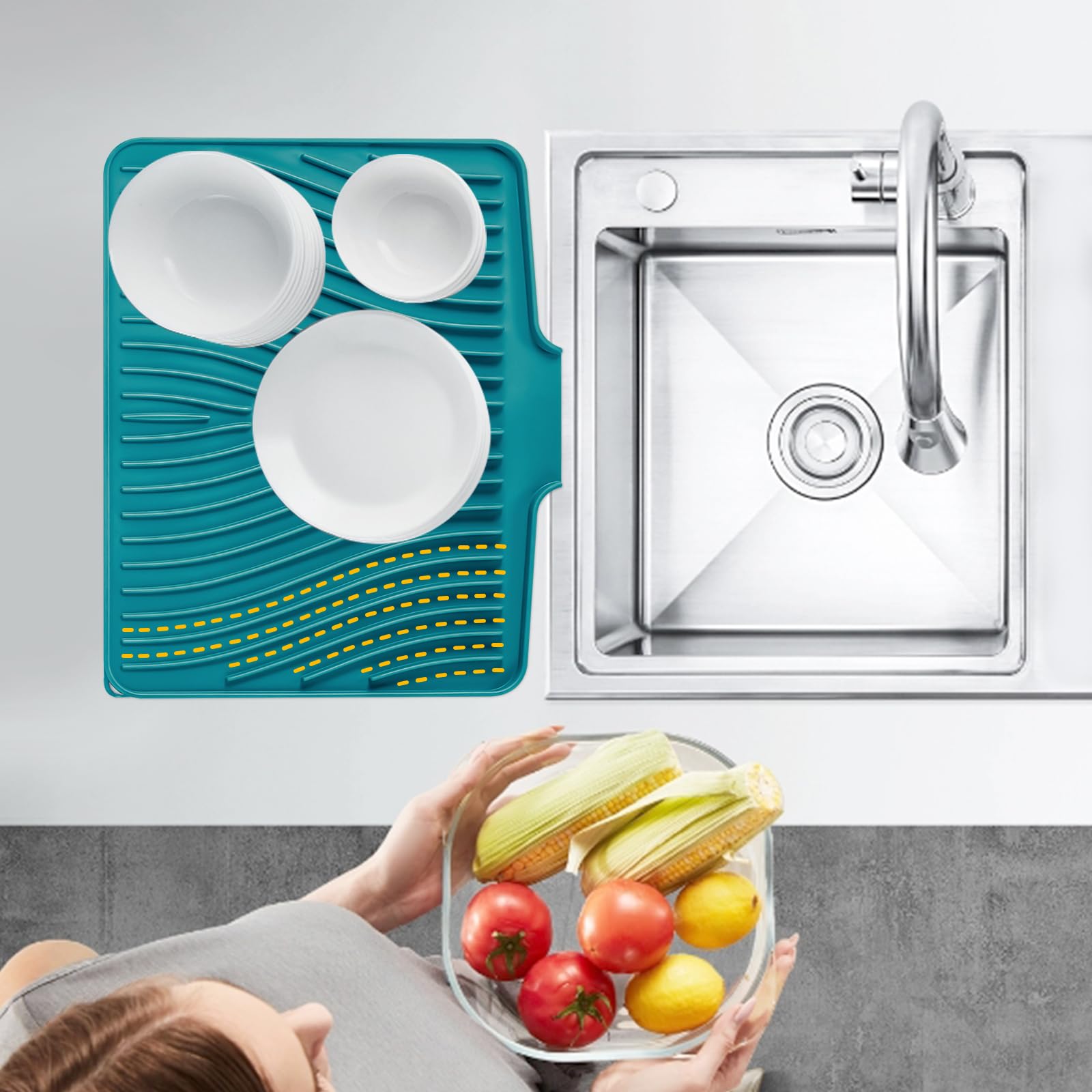 TIKNIK Silicone Dish Drying Mat, Stone Drying Mat for Kitchen Counter with Built-In Drain, Non-Slip Drain Pad with Built-in Drain, Heat Resistant Stone Drying Mat, Hangable, Green, 16" x 12"