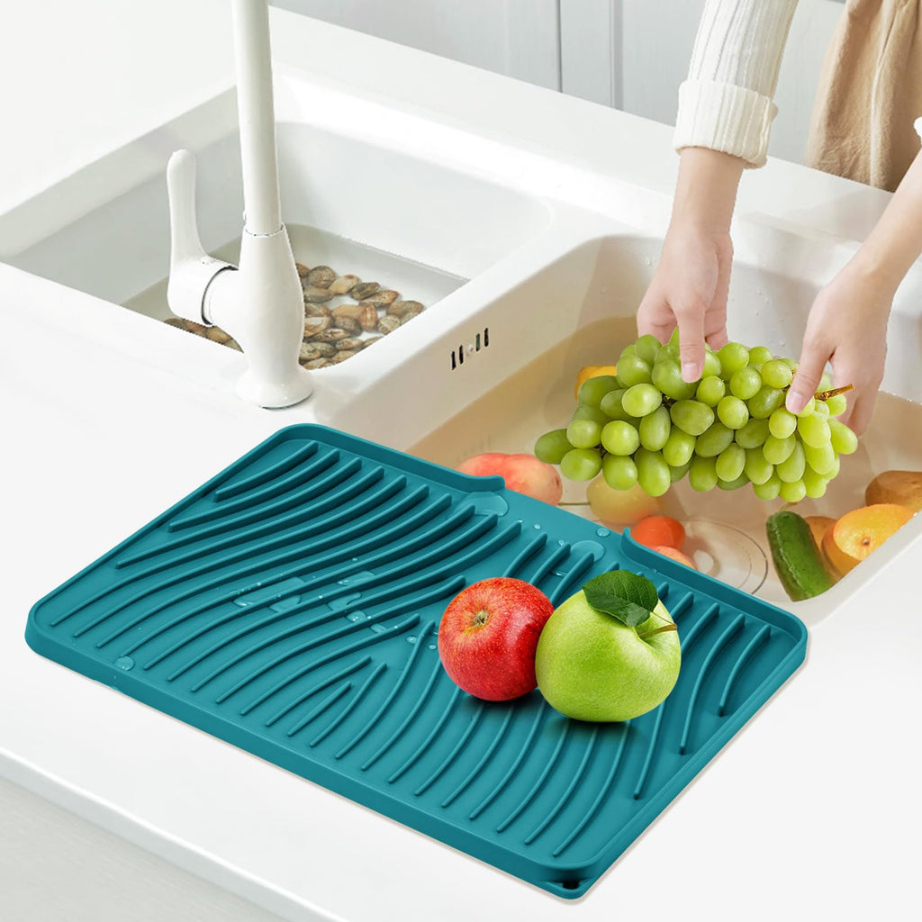 TIKNIK Silicone Dish Drying Mat, Stone Drying Mat for Kitchen Counter with Built-In Drain, Non-Slip Drain Pad with Built-in Drain, Heat Resistant Stone Drying Mat, Hangable, Green, 16" x 12"