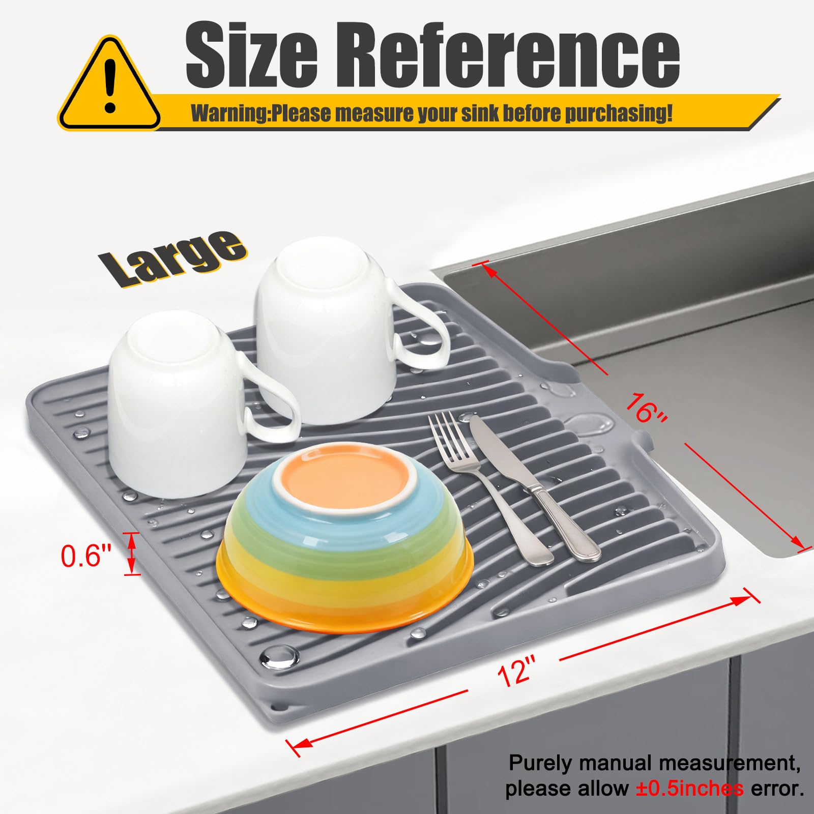 TIKNIK Silicone Dish Drying Mat, Stone Drying Mat for Kitchen Counter with Built-In Drain, Non-Slip Drain Pad with Built-in Drain, Heat Resistant Stone Drying Mat, Hangable, Grey, 16" x 12"