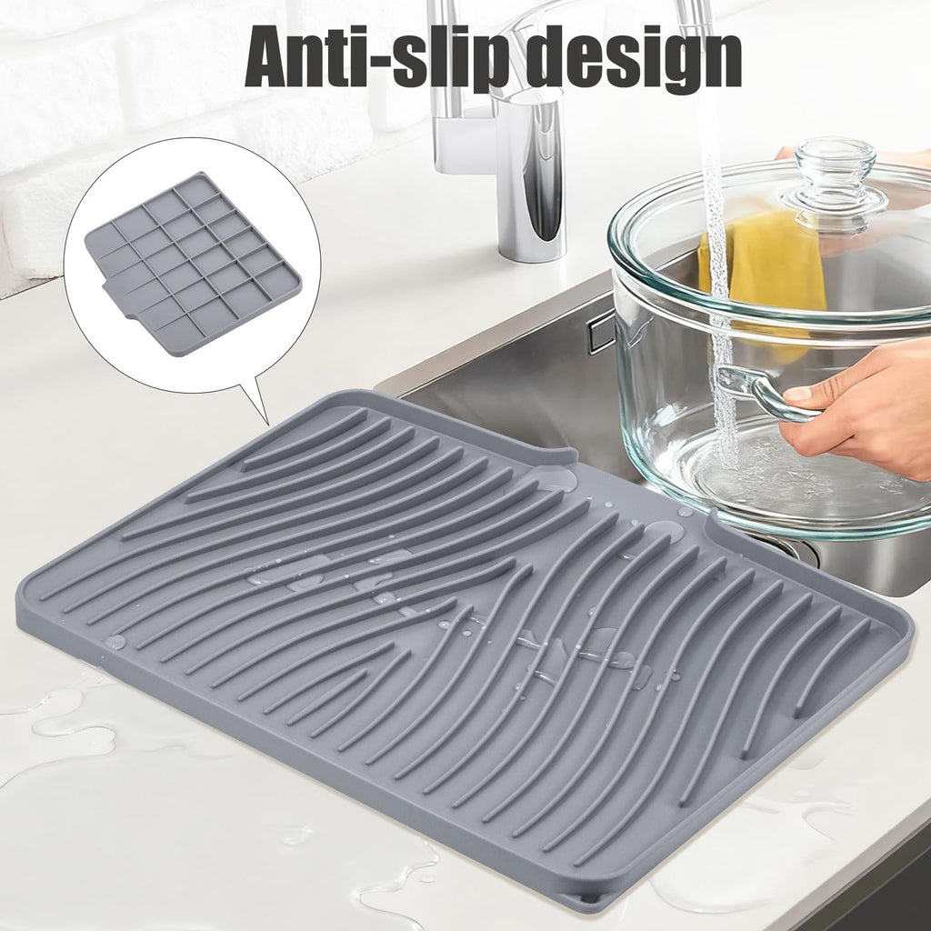 TIKNIK Silicone Dish Drying Mat, Stone Drying Mat for Kitchen Counter with Built-In Drain, Non-Slip Drain Pad with Built-in Drain, Heat Resistant Stone Drying Mat, Hangable, Grey, 16" x 12"
