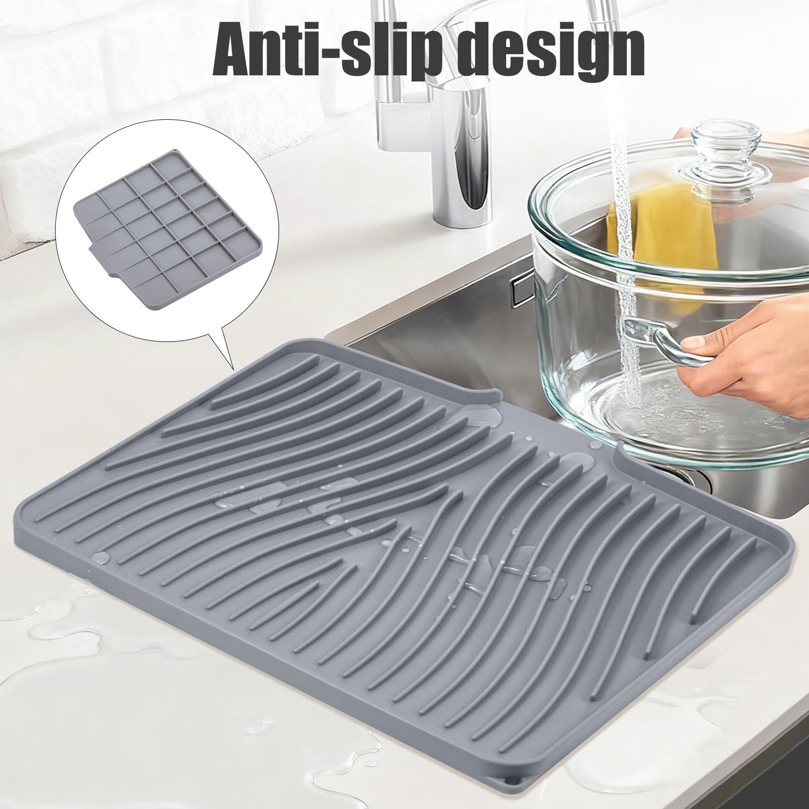 TIKNIK Silicone Dish Drying Mat, Stone Drying Mat for Kitchen Counter with Built-In Drain, Non-Slip Drain Pad with Built-in Drain, Heat Resistant Stone Drying Mat, Hangable, Grey, 16" x 12"