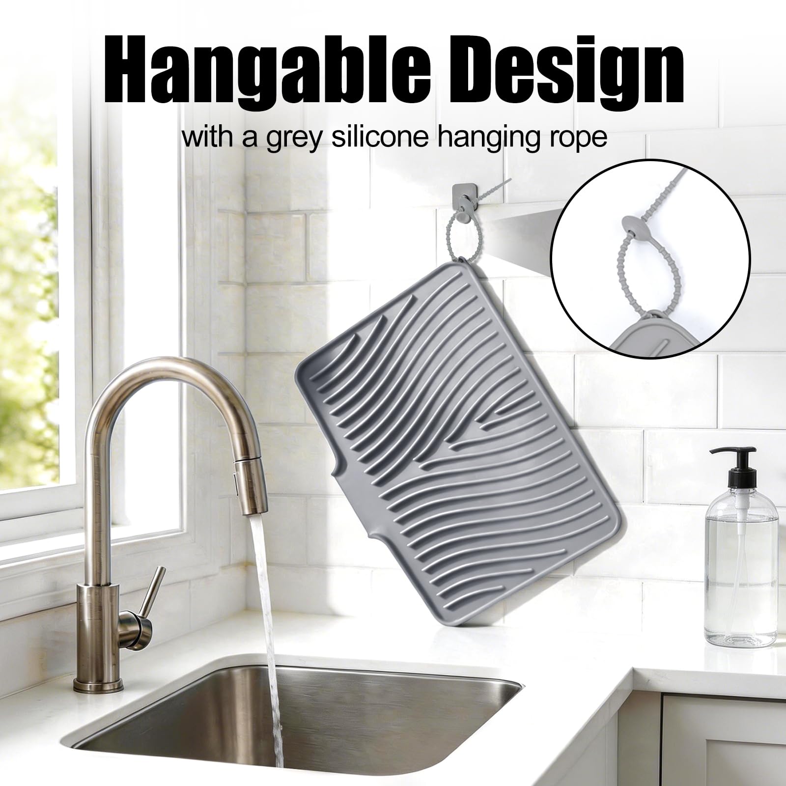 TIKNIK Silicone Dish Drying Mat, Stone Drying Mat for Kitchen Counter with Built-In Drain, Non-Slip Drain Pad with Built-in Drain, Heat Resistant Stone Drying Mat, Hangable, Grey, 16" x 12"