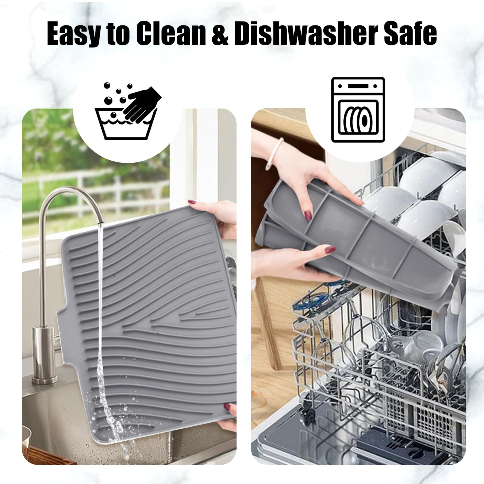 TIKNIK Silicone Dish Drying Mat, Stone Drying Mat for Kitchen Counter with Built-In Drain, Non-Slip Drain Pad with Built-in Drain, Heat Resistant Stone Drying Mat, Hangable, Grey, 16" x 12"