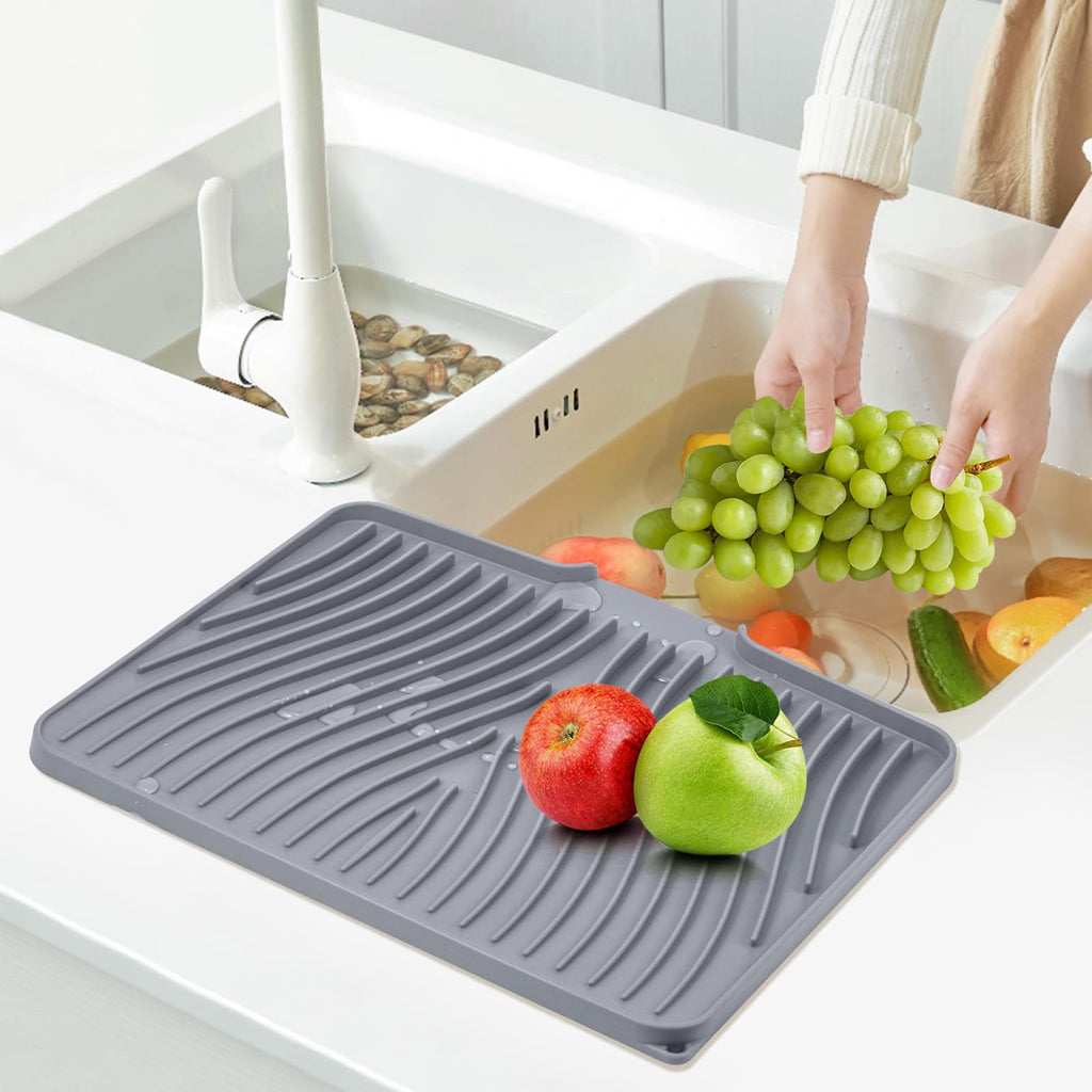 TIKNIK Silicone Dish Drying Mat, Stone Drying Mat for Kitchen Counter with Built-In Drain, Non-Slip Drain Pad with Built-in Drain, Heat Resistant Stone Drying Mat, Hangable, Grey, 16" x 12"