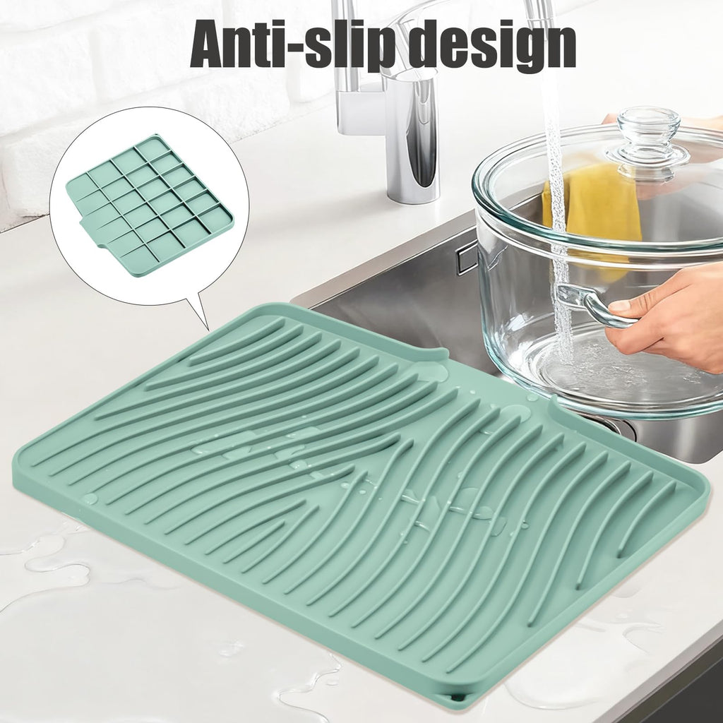 TIKNIK Silicone Dish Drying Mat, Stone Drying Mat for Kitchen Counter with Built-In Drain, Non-Slip Drain Pad with Built-in Drain, Heat Resistant Stone Drying Mat, Hangable, Mint-1pcs, 16" x 12"