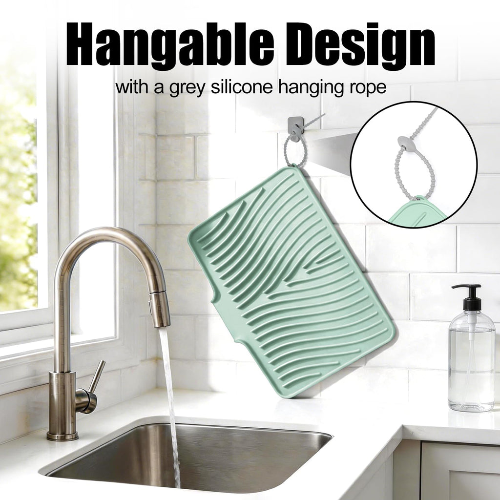 TIKNIK Silicone Dish Drying Mat, Stone Drying Mat for Kitchen Counter with Built-In Drain, Non-Slip Drain Pad with Built-in Drain, Heat Resistant Stone Drying Mat, Hangable, Mint-1pcs, 16" x 12"
