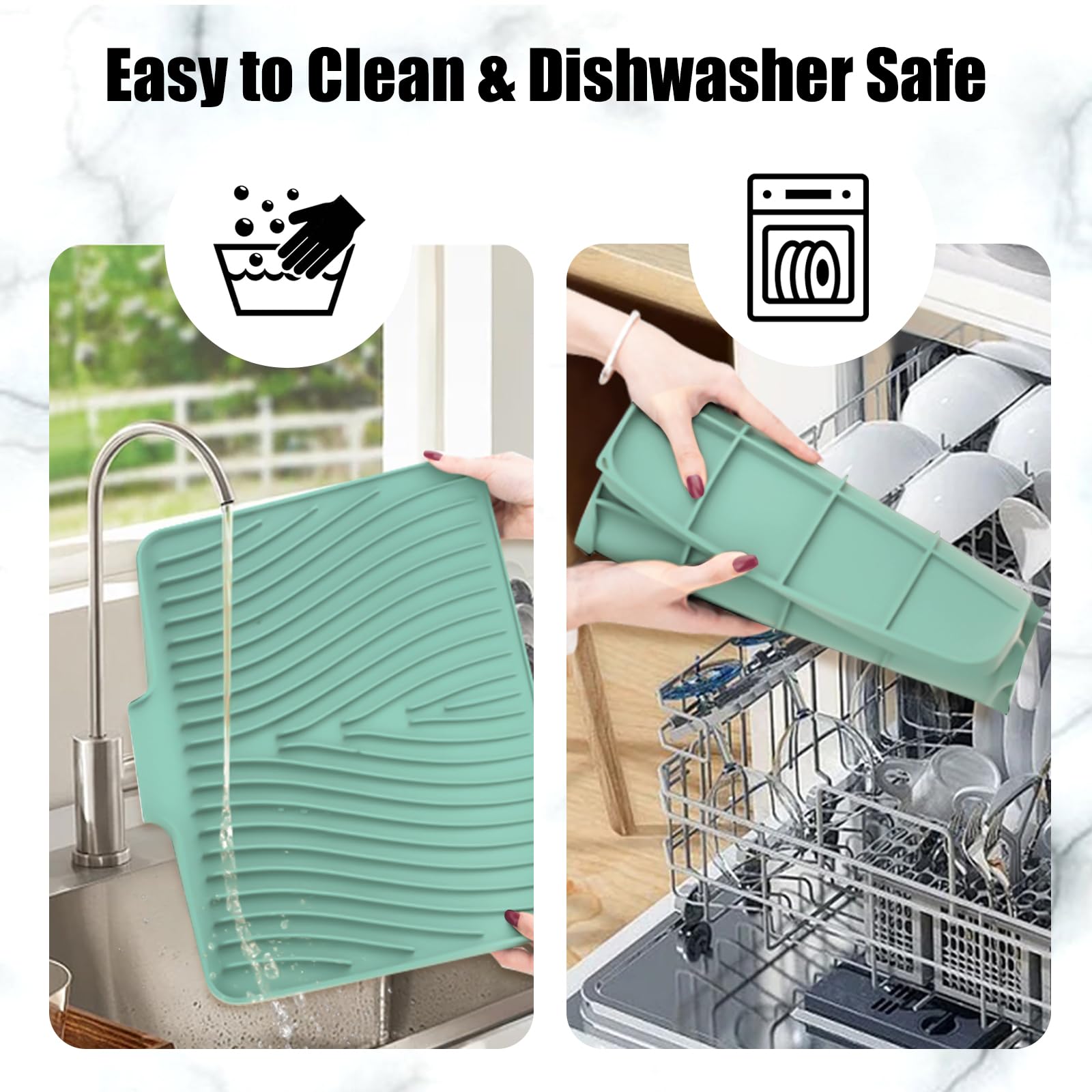 TIKNIK Silicone Dish Drying Mat, Stone Drying Mat for Kitchen Counter with Built-In Drain, Non-Slip Drain Pad with Built-in Drain, Heat Resistant Stone Drying Mat, Hangable, Mint-1pcs, 16" x 12"