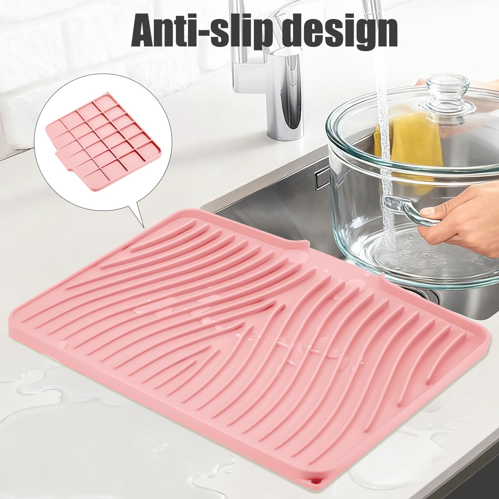 TIKNIK Silicone Dish Drying Mat, Stone Drying Mat for Kitchen Counter with Built-In Drain, Non-Slip Drain Pad with Built-in Drain, Heat Resistant Stone Drying Mat, Hangable, Pink-1pcs, 16" x 12"