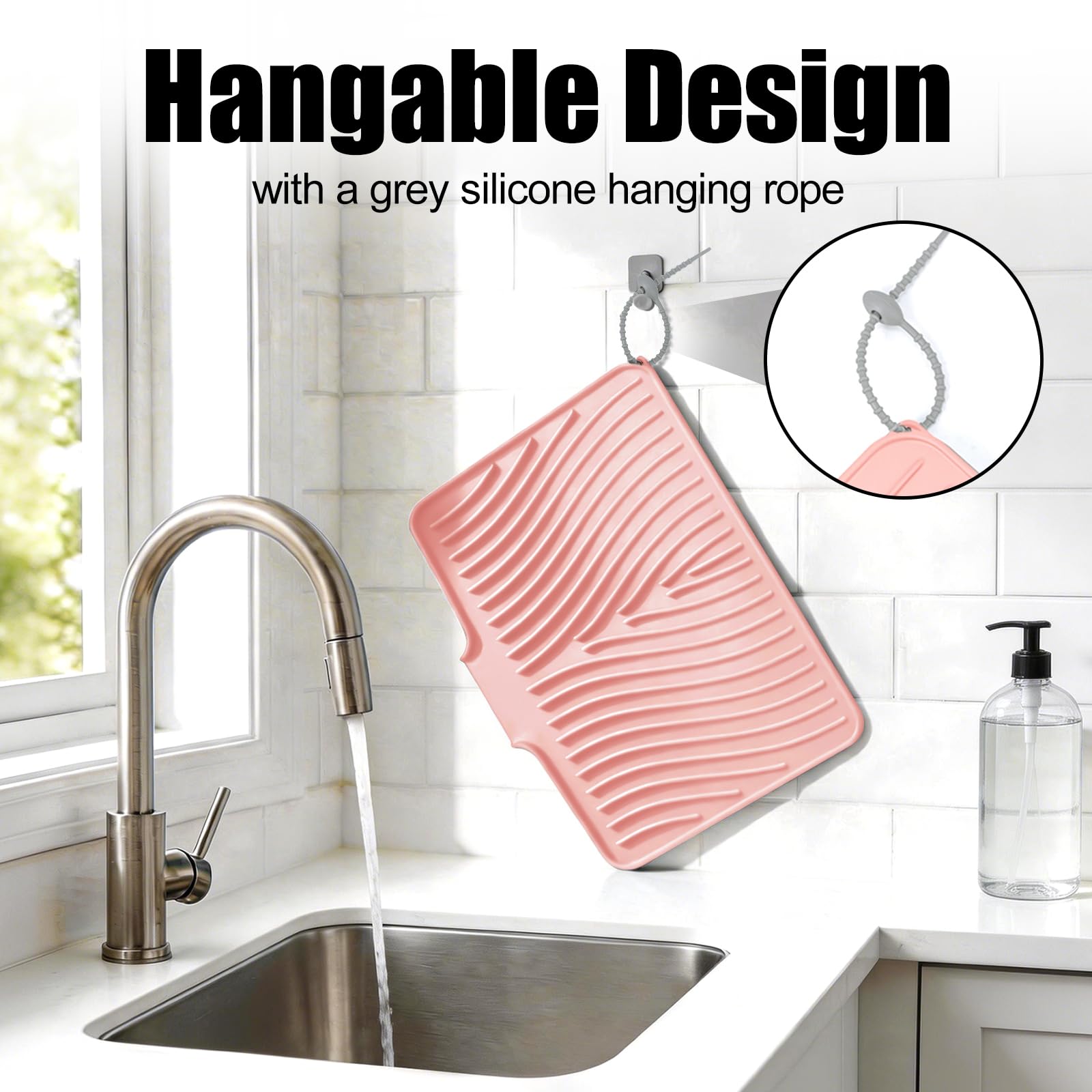TIKNIK Silicone Dish Drying Mat, Stone Drying Mat for Kitchen Counter with Built-In Drain, Non-Slip Drain Pad with Built-in Drain, Heat Resistant Stone Drying Mat, Hangable, Pink-1pcs, 16" x 12"