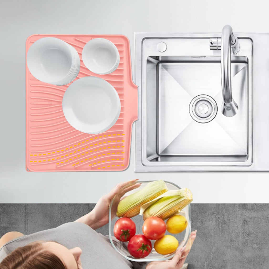 TIKNIK Silicone Dish Drying Mat, Stone Drying Mat for Kitchen Counter with Built-In Drain, Non-Slip Drain Pad with Built-in Drain, Heat Resistant Stone Drying Mat, Hangable, Pink-1pcs, 16" x 12"