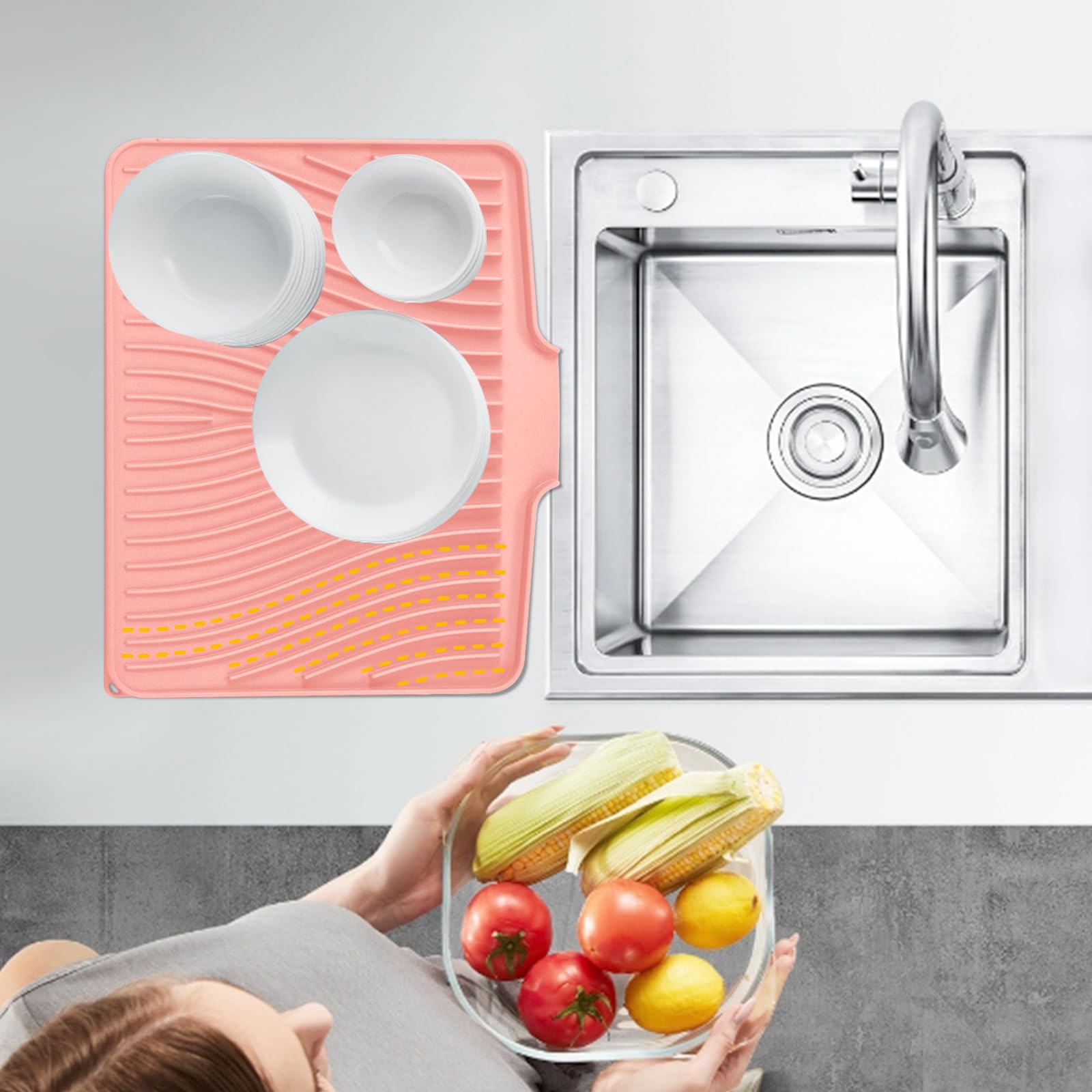 TIKNIK Silicone Dish Drying Mat, Stone Drying Mat for Kitchen Counter with Built-In Drain, Non-Slip Drain Pad with Built-in Drain, Heat Resistant Stone Drying Mat, Hangable, Pink-1pcs, 16" x 12"