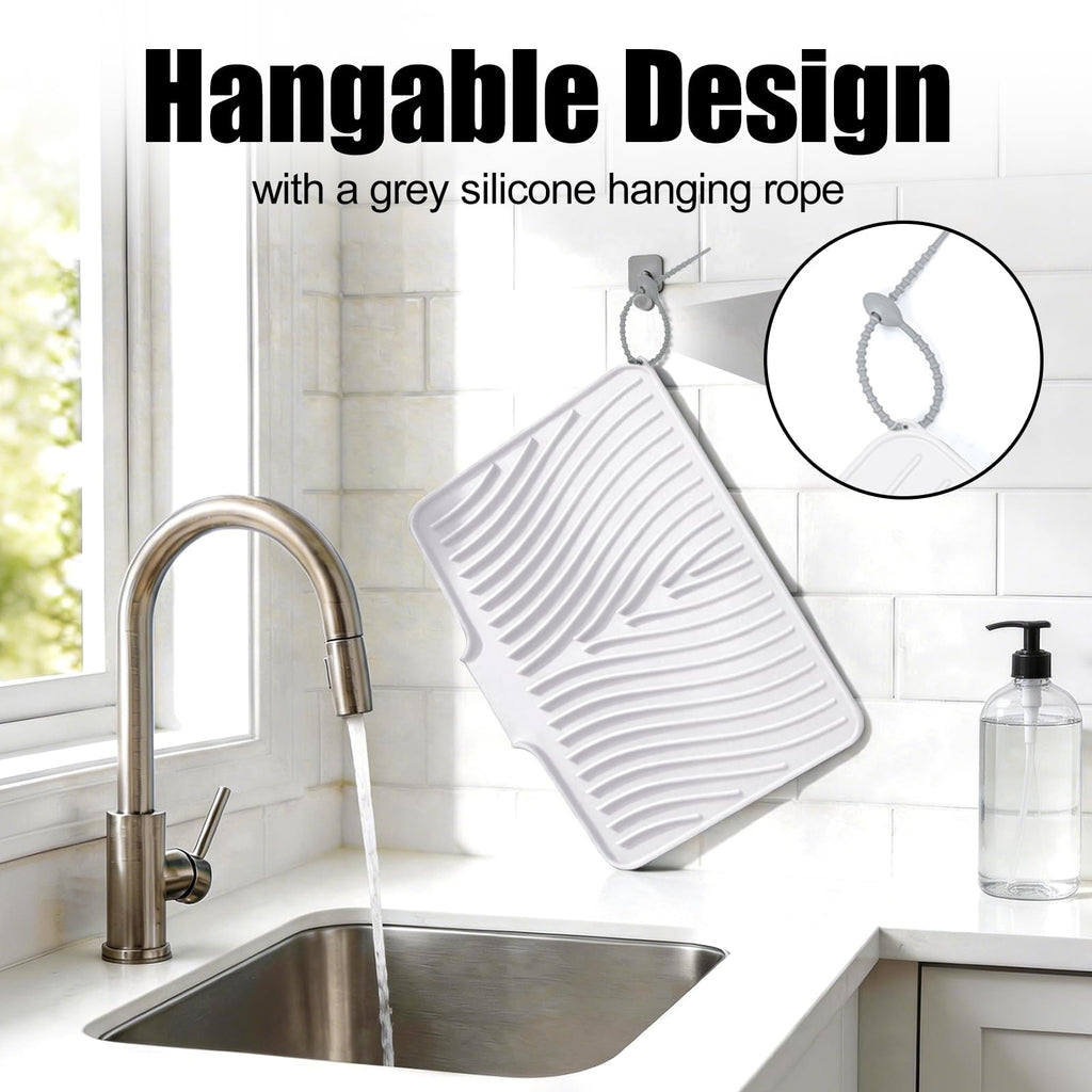 TIKNIK Silicone Dish Drying Mat, Stone Drying Mat for Kitchen Counter with Built-In Drain, Non-Slip Drain Pad with Built-in Drain, Heat Resistant Stone Drying Mat, Hangable, White, 16" x 12"