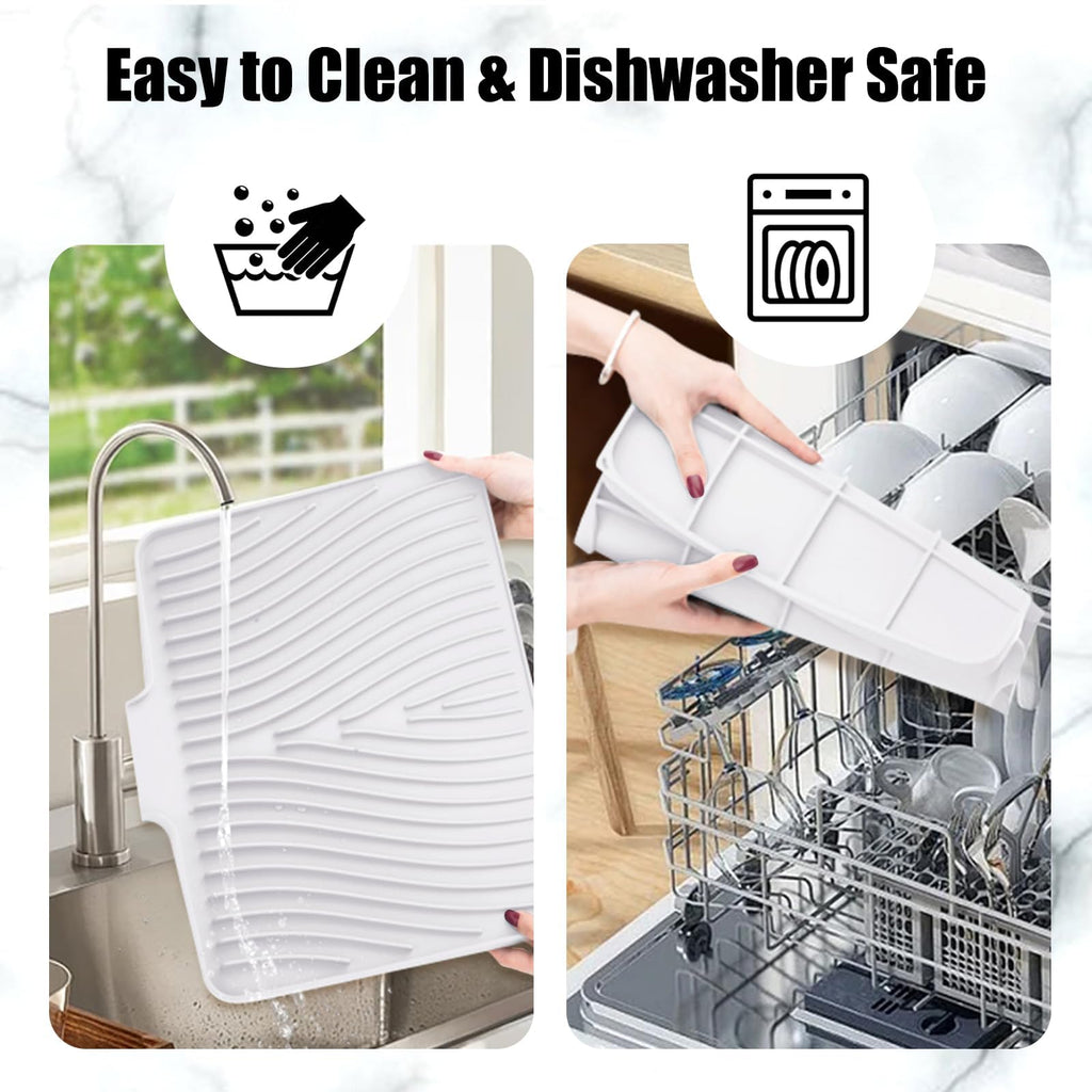 TIKNIK Silicone Dish Drying Mat, Stone Drying Mat for Kitchen Counter with Built-In Drain, Non-Slip Drain Pad with Built-in Drain, Heat Resistant Stone Drying Mat, Hangable, White, 16" x 12"