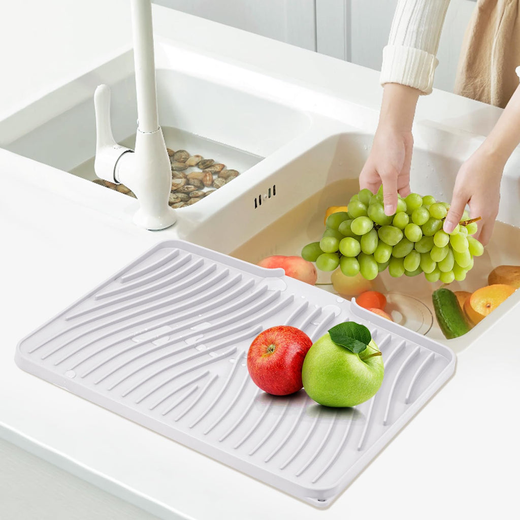 TIKNIK Silicone Dish Drying Mat, Stone Drying Mat for Kitchen Counter with Built-In Drain, Non-Slip Drain Pad with Built-in Drain, Heat Resistant Stone Drying Mat, Hangable, White, 16" x 12"