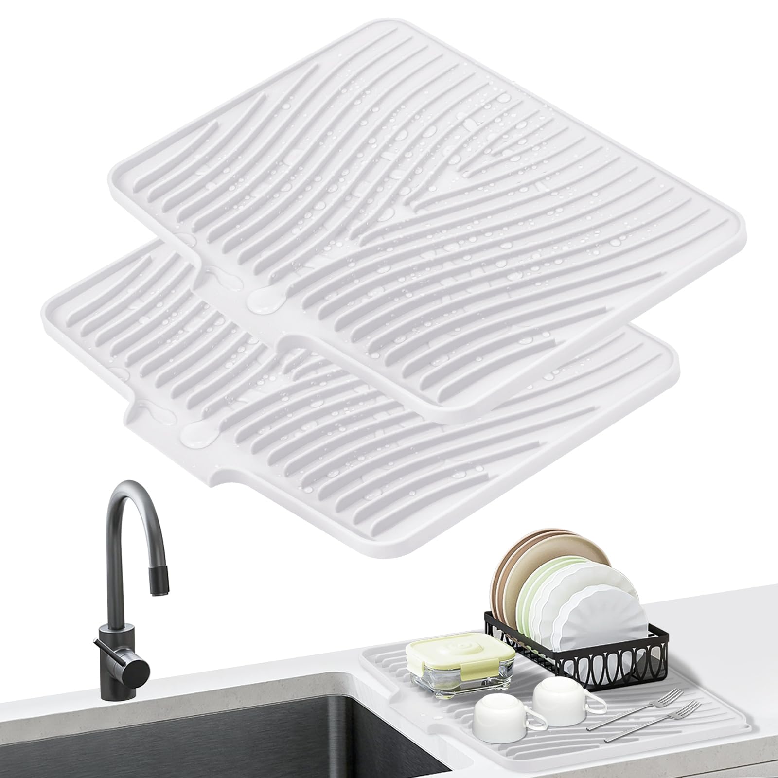 TIKNIK Silicone Dish Drying Mat, Stone Drying Mat for Kitchen Counter with Built-In Drain, Non-Slip Drain Pad with Built-in Drain, Heat Resistant Stone Drying Mat, Hangable, White, 16" x 12"