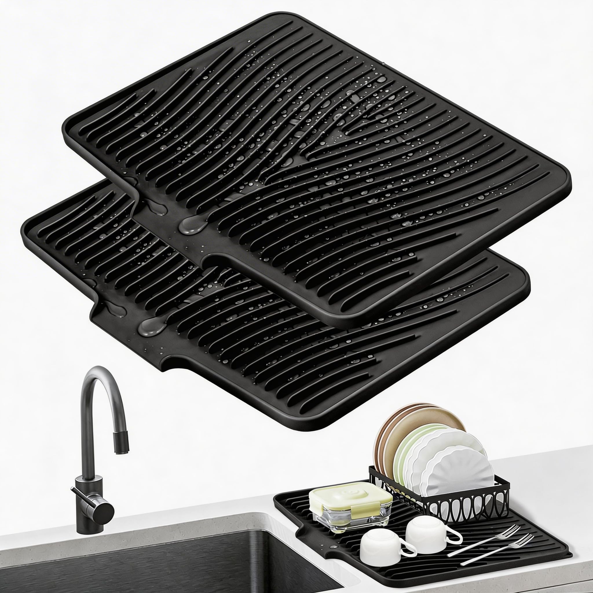 TIKNIK Silicone Dish Drying Mat, Stone Drying Mat for Kitchen Counter with Built-In Drain, Non-Slip Drain Pad with Built-in Drain, Heat Resistant Stone Drying Mat, Hangable, Black, 20" x 15"