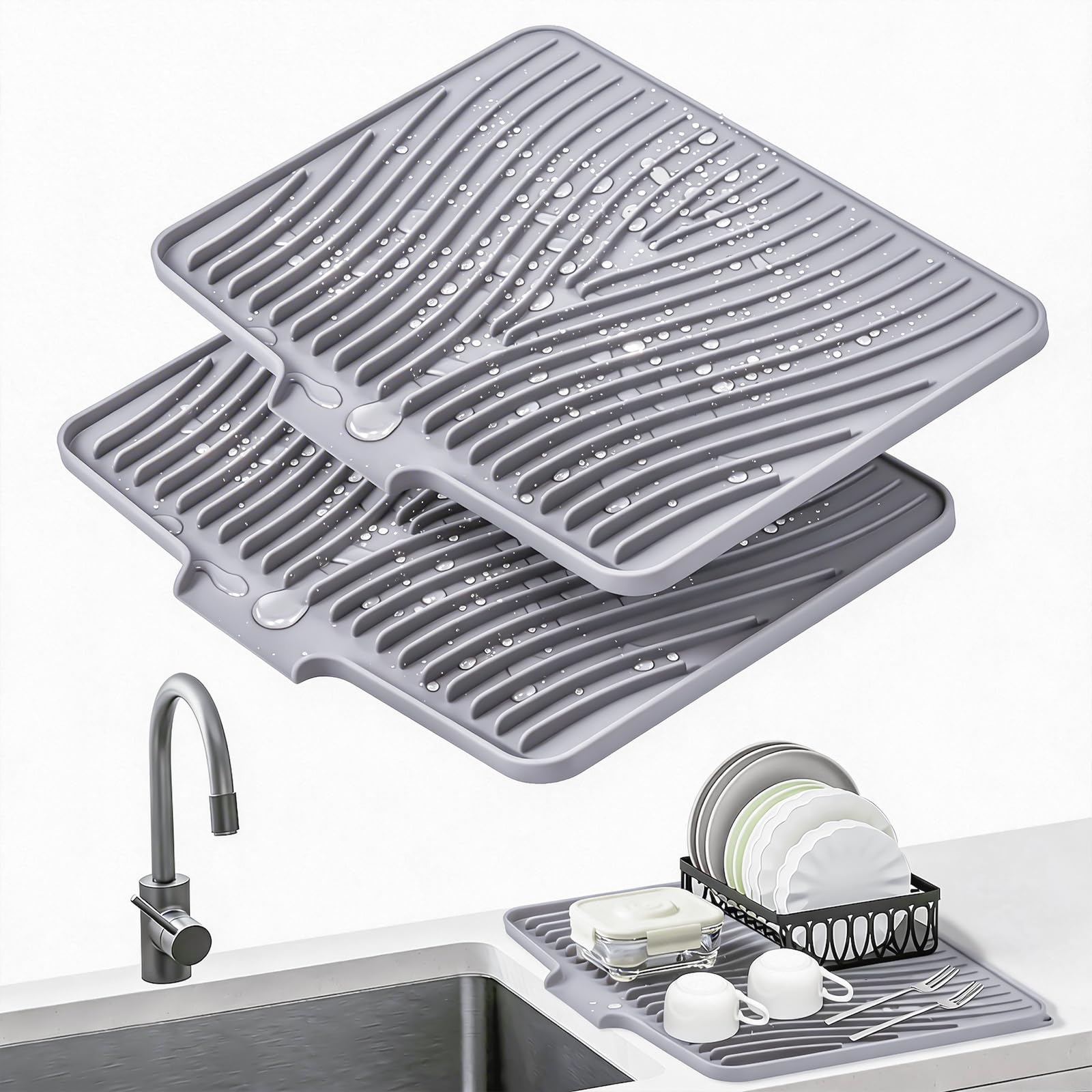 TIKNIK Silicone Dish Drying Mat, Stone Drying Mat for Kitchen Counter with Built-In Drain, Non-Slip Drain Pad with Built-in Drain, Heat Resistant Stone Drying Mat, 20" x 15", Grey