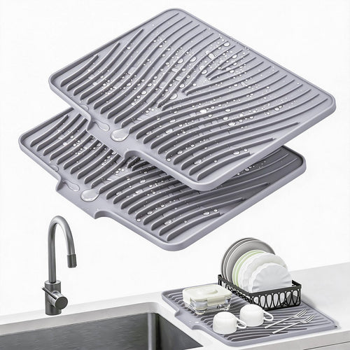 TIKNIK Silicone Dish Drying Mat, Stone Drying Mat for Kitchen Counter with Built-In Drain, Non-Slip Drain Pad with Built-in Drain, Heat Resistant Stone Drying Mat, 20" x 15", Grey