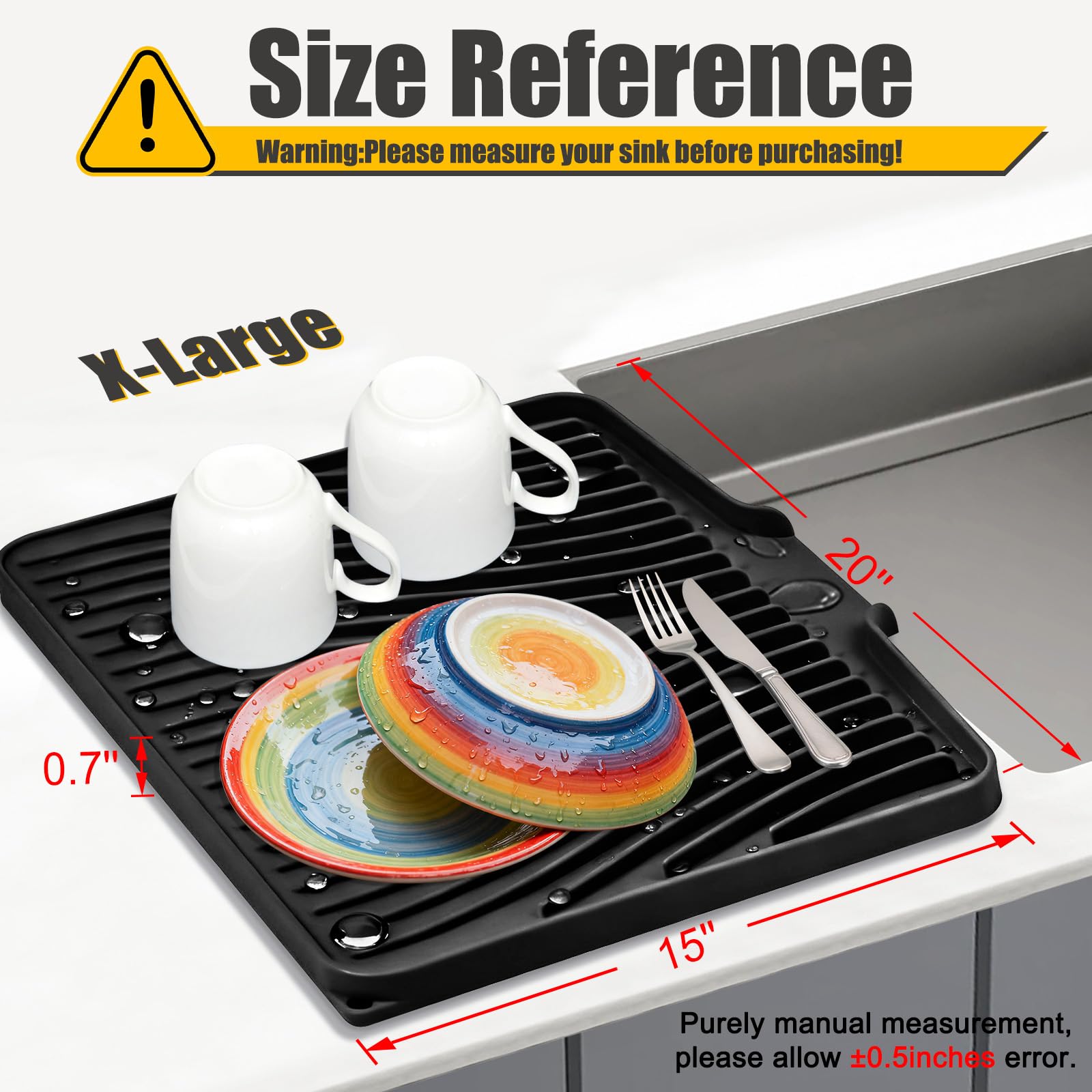 TIKNIK Silicone Dish Drying Mat, Stone Drying Mat for Kitchen Counter with Built-In Drain, Non-Slip Drain Pad with Built-in Drain, Heat Resistant Stone Drying Mat, Hangable, Black, 20" x 15"