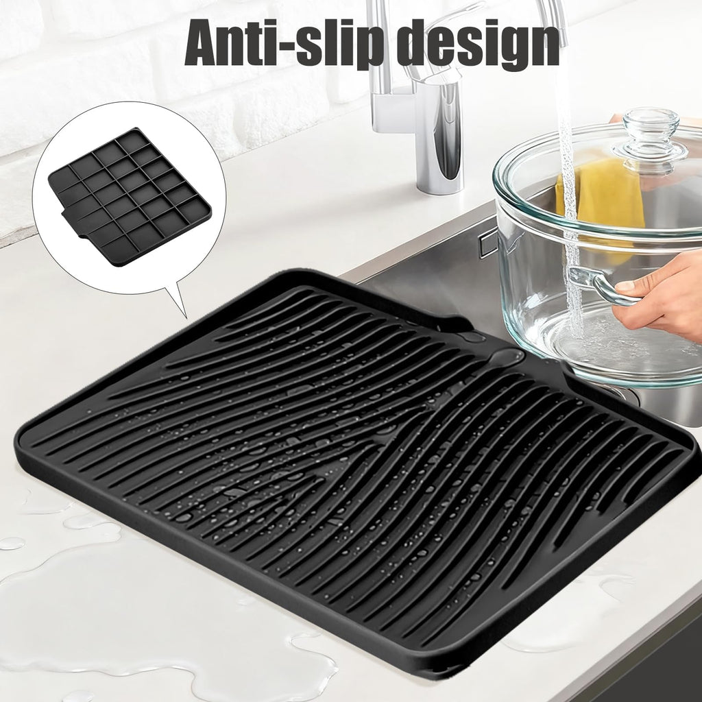 TIKNIK Silicone Dish Drying Mat, Stone Drying Mat for Kitchen Counter with Built-In Drain, Non-Slip Drain Pad with Built-in Drain, Heat Resistant Stone Drying Mat, Hangable, Black, 20" x 15"