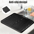 TIKNIK Silicone Dish Drying Mat, Stone Drying Mat for Kitchen Counter with Built-In Drain, Non-Slip Drain Pad with Built-in Drain, Heat Resistant Stone Drying Mat, Hangable, Black, 20" x 15"