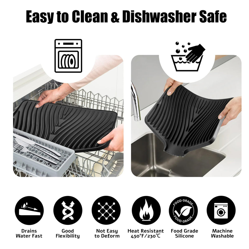 TIKNIK Silicone Dish Drying Mat, Stone Drying Mat for Kitchen Counter with Built-In Drain, Non-Slip Drain Pad with Built-in Drain, Heat Resistant Stone Drying Mat, Hangable, Black, 20" x 15"