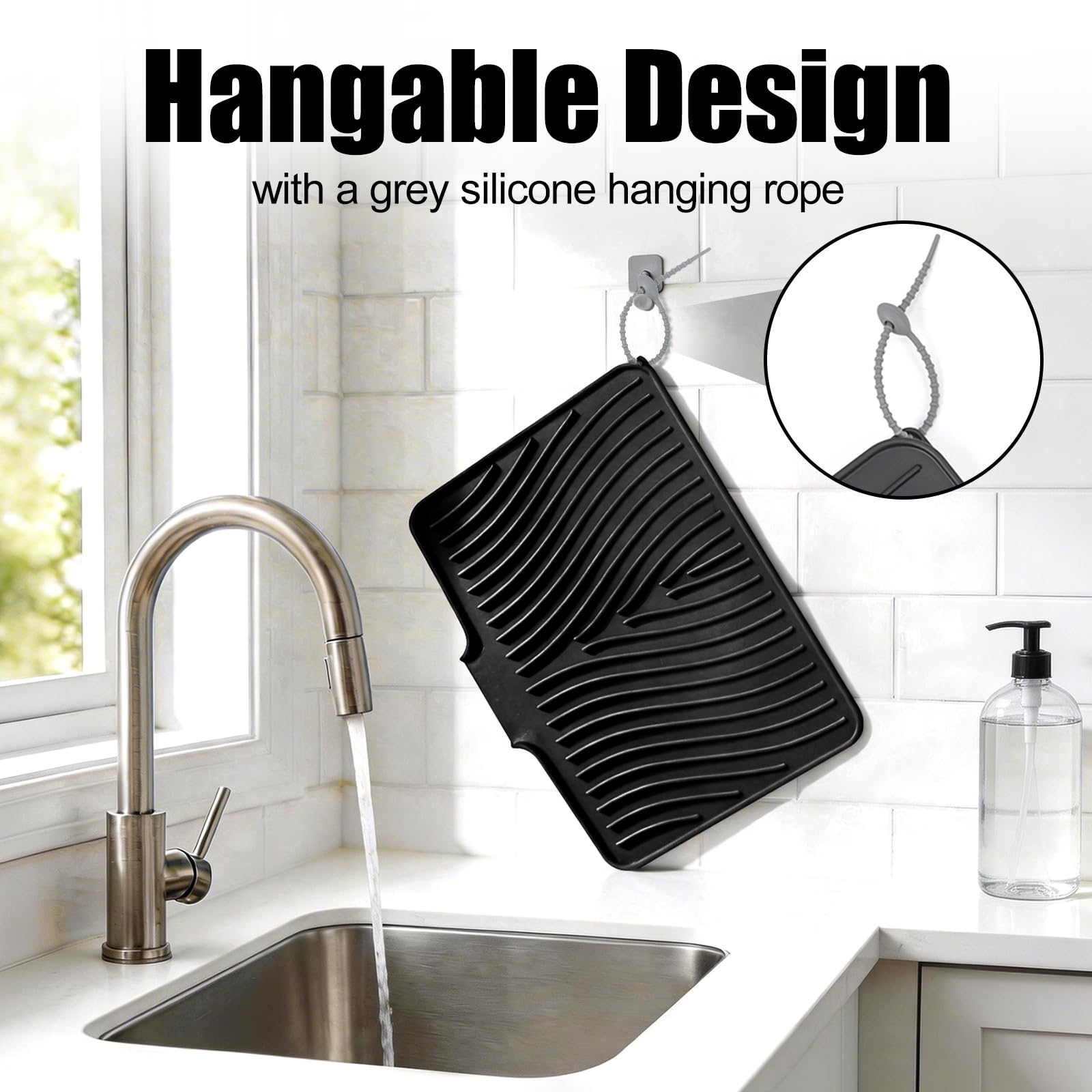 TIKNIK Silicone Dish Drying Mat, Stone Drying Mat for Kitchen Counter with Built-In Drain, Non-Slip Drain Pad with Built-in Drain, Heat Resistant Stone Drying Mat, Hangable, Black, 20" x 15"