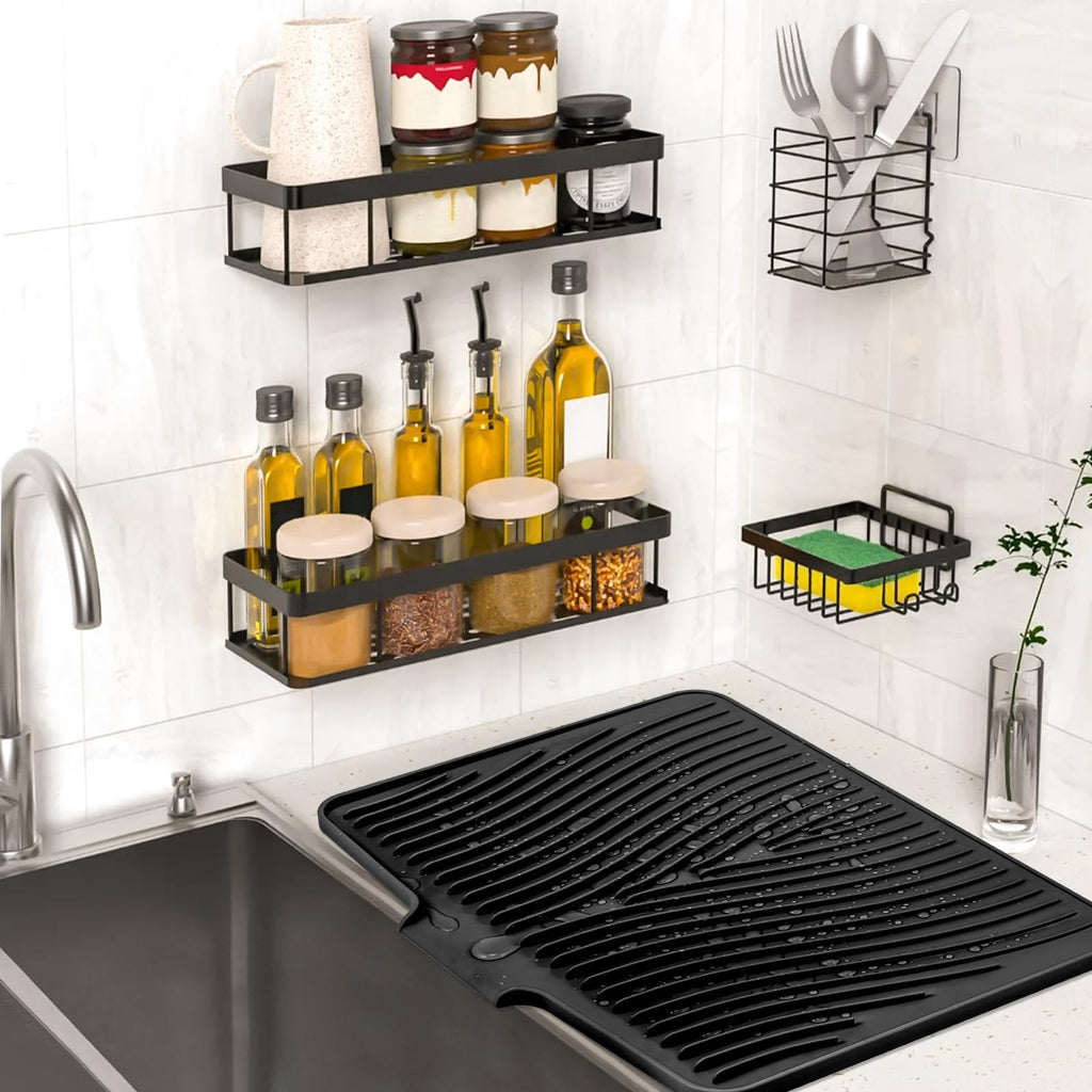 TIKNIK Silicone Dish Drying Mat, Stone Drying Mat for Kitchen Counter with Built-In Drain, Non-Slip Drain Pad with Built-in Drain, Heat Resistant Stone Drying Mat, Hangable, Black, 20" x 15"
