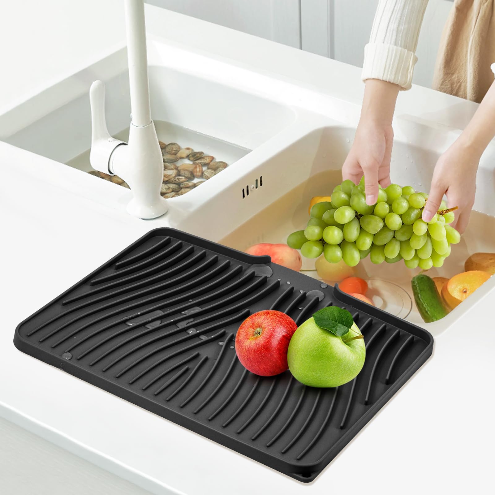 TIKNIK Silicone Dish Drying Mat, Stone Drying Mat for Kitchen Counter with Built-In Drain, Non-Slip Drain Pad with Built-in Drain, Heat Resistant Stone Drying Mat, Hangable, Black, 20" x 15"