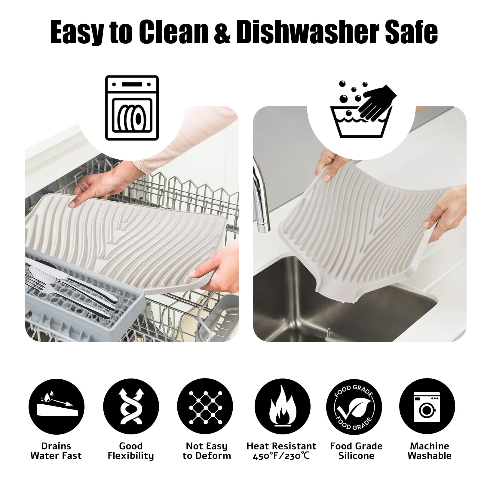 TIKNIK Silicone Dish Drying Mat, Stone Drying Mat for Kitchen Counter with Built-In Drain, Non-Slip Drain Pad with Built-in Drain, Heat Resistant Stone Drying Mat, Hangable, 20" x 15"