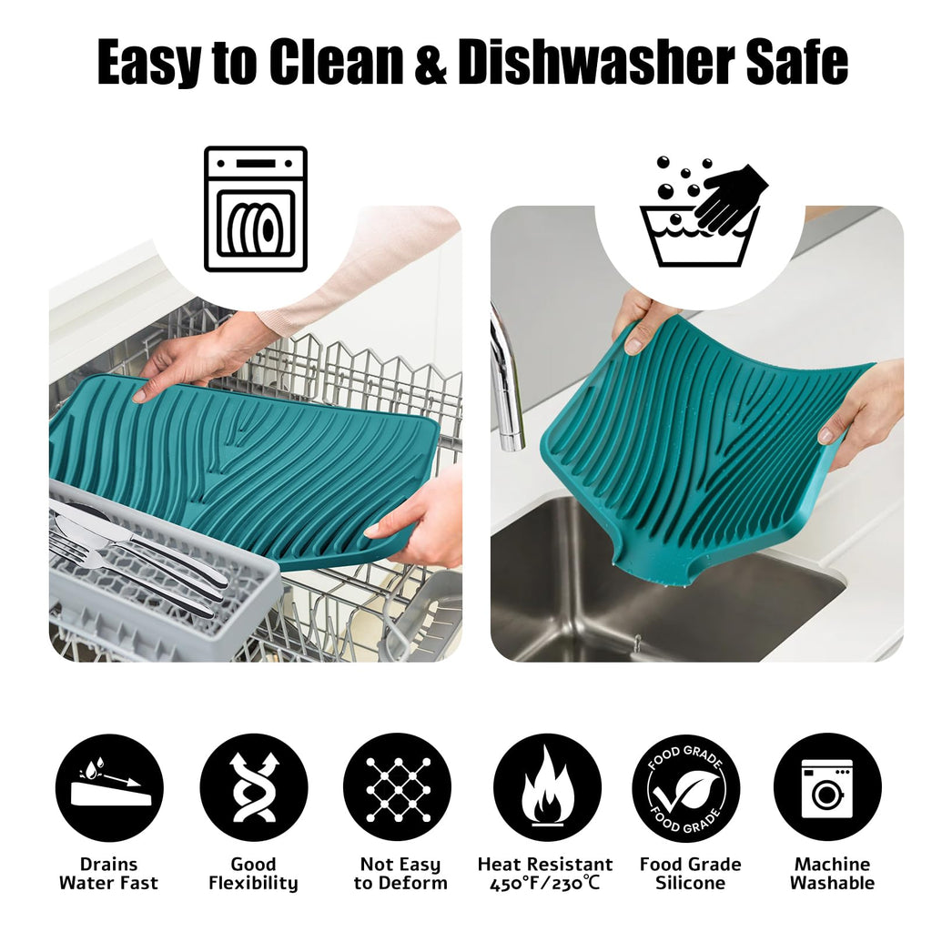 TIKNIK Silicone Dish Drying Mat, Stone Drying Mat for Kitchen Counter with Built-In Drain, Non-Slip Drain Pad with Built-in Drain, Heat Resistant Stone Drying Mat, 1Pcs 20" x 15", Green