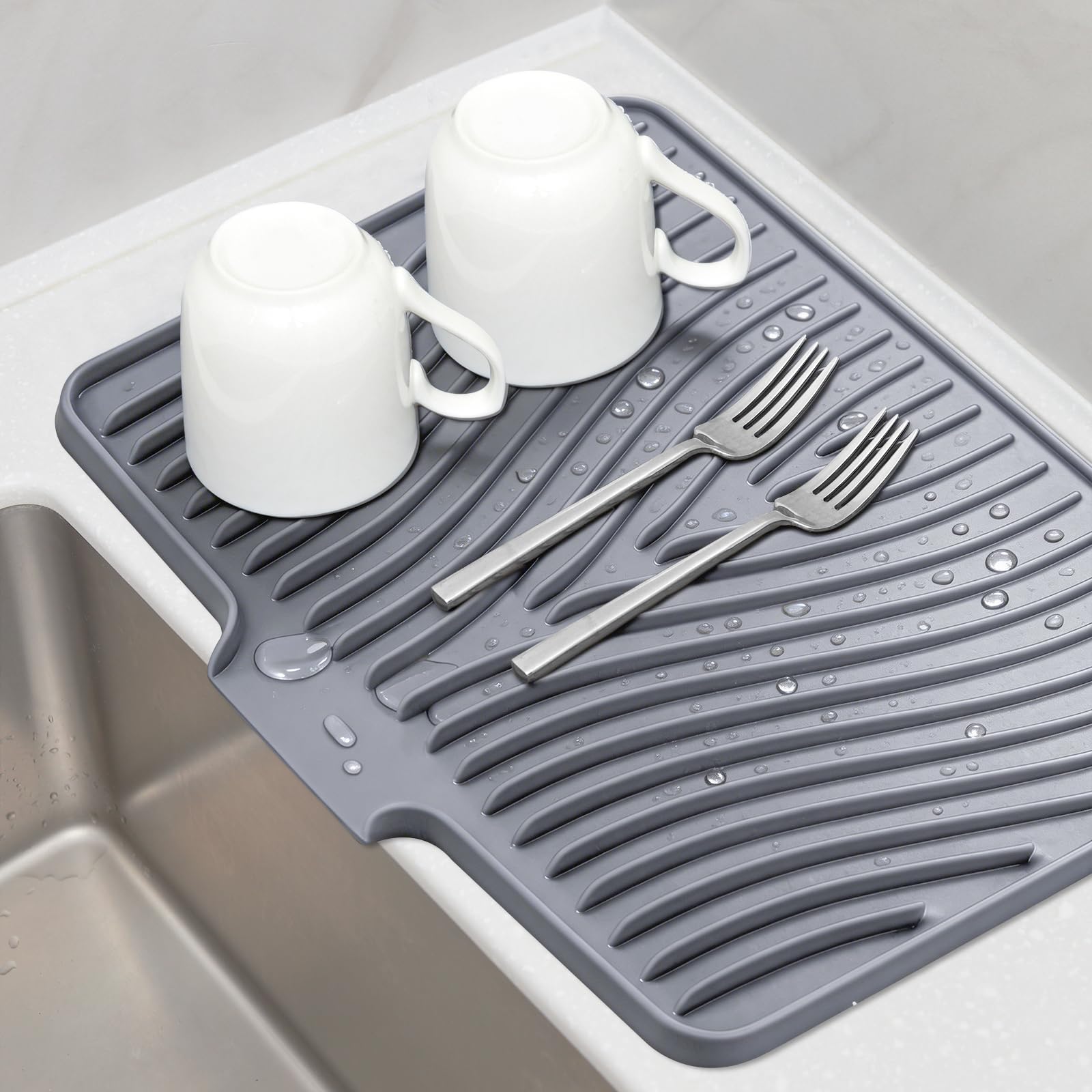 TIKNIK Silicone Dish Drying Mat, Stone Drying Mat for Kitchen Counter with Built-In Drain, Non-Slip Drain Pad with Built-in Drain, Heat Resistant Stone Drying Mat, 20" x 15", Grey