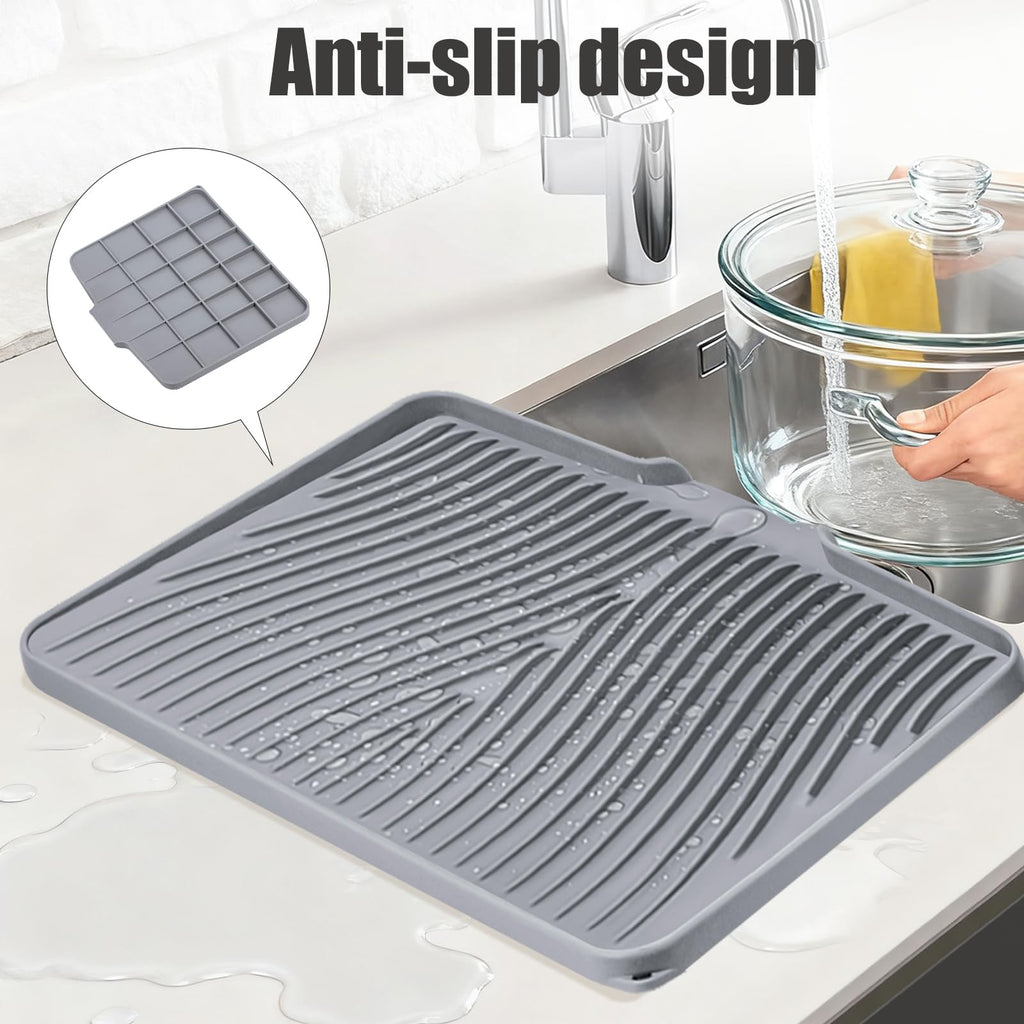 TIKNIK Silicone Dish Drying Mat, Stone Drying Mat for Kitchen Counter with Built-In Drain, Non-Slip Drain Pad with Built-in Drain, Heat Resistant Stone Drying Mat, 20" x 15", Grey